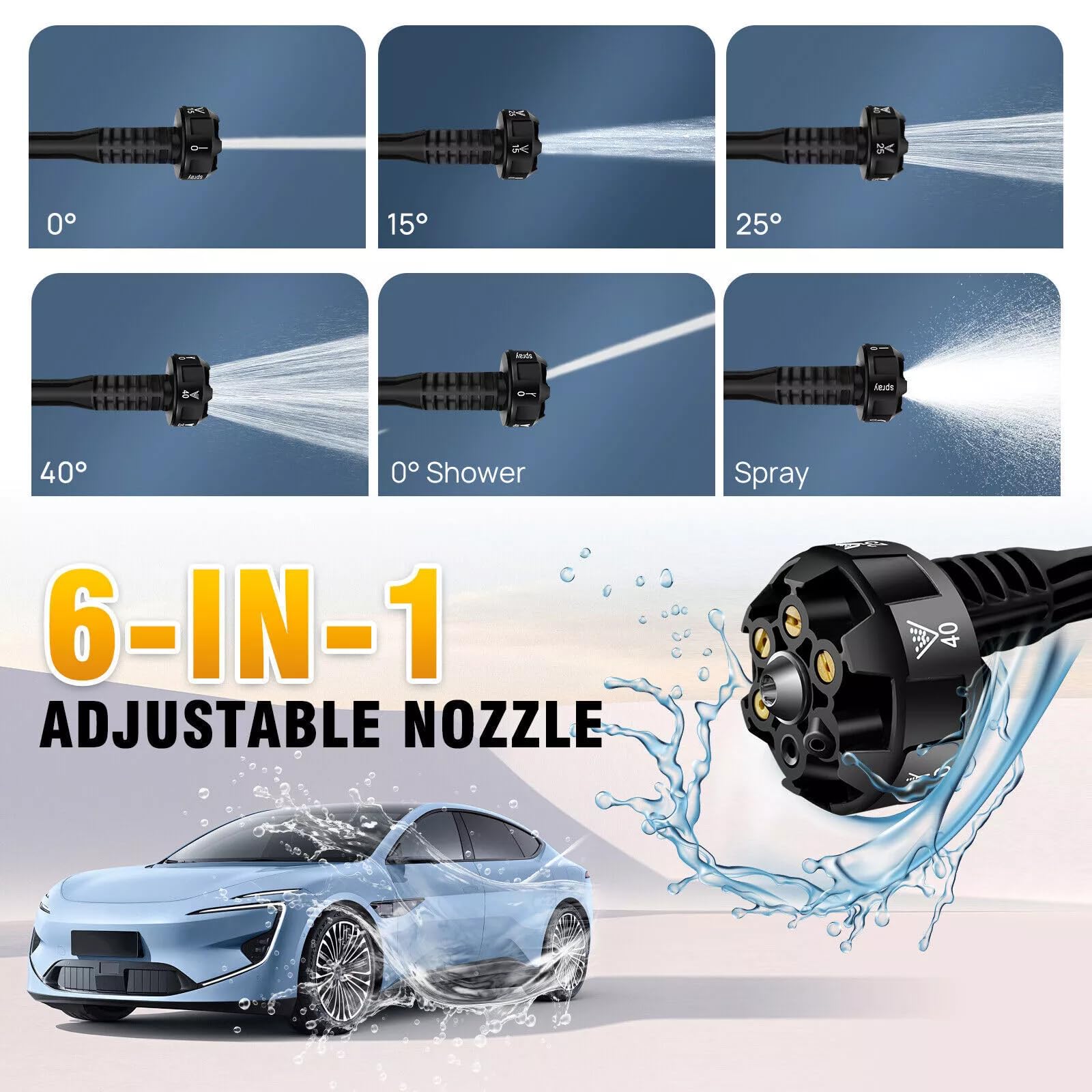 6in1 - Pistola ad acqua ad alta pressione senza fili, 21 V, 300 bar, 3000 psi, con 2 batterie 3.0 Ah, tubo da 5 metri