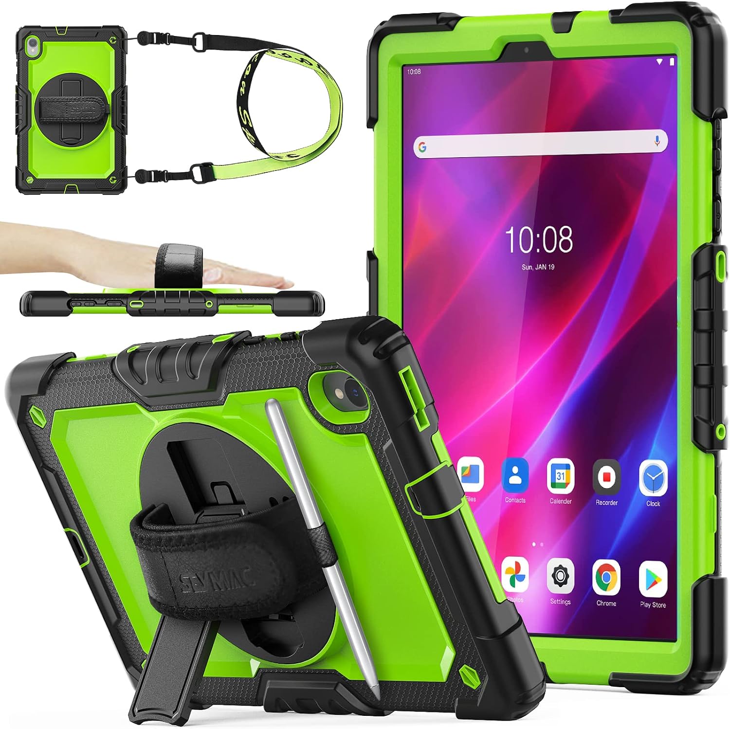 SEYMAC stock Lenovo Tab Case with Screen Protector, Drop-Proof Protection Case with 360° Rotating Stand &Strap [Pen Holder] for Lenovo Tab M10 Plus (TB-X606F) 10.3", Green+Black