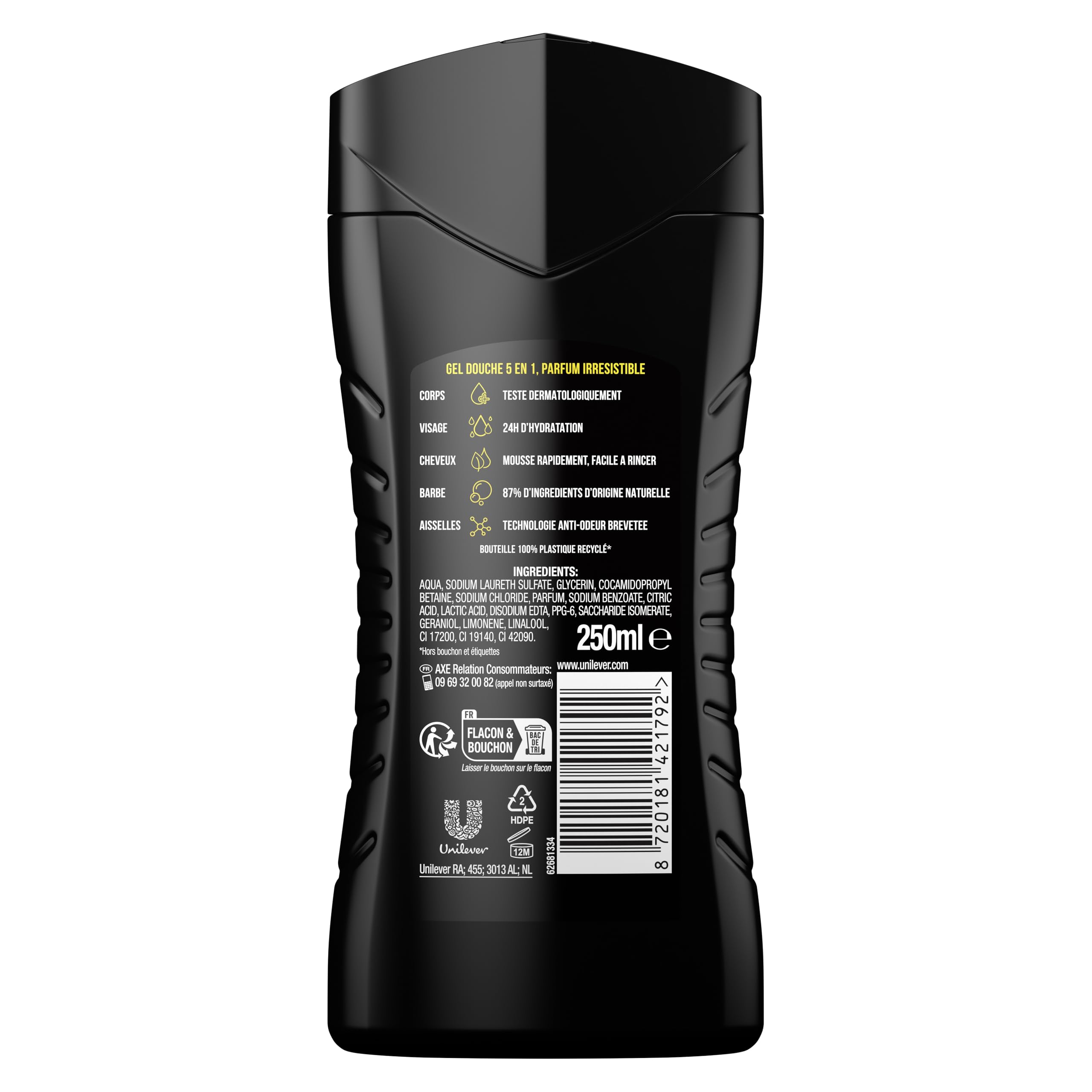AXE - Gel Douche Homme 5en1 Dark Temptation - 24h Hydratant - 87% d'Ingrédients d'origine naturelle - parfum chocolat gourmand (lot de 12x 250ml)