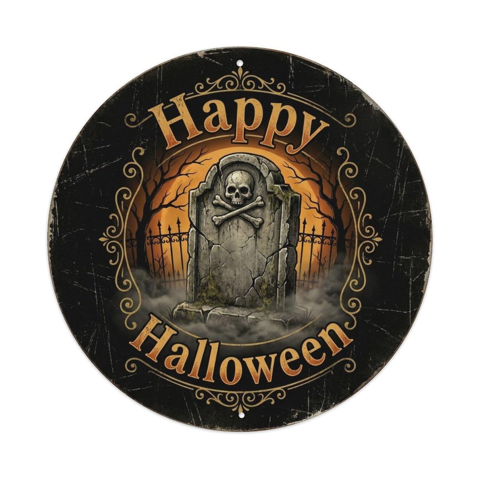 Tombstone Skull Happy Halloween Positive Saying Metal Tin Sign