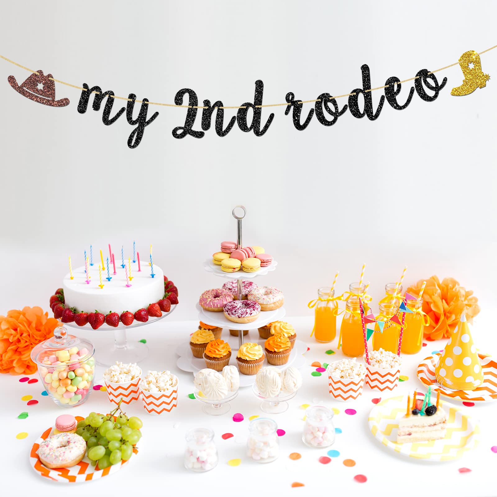 INNORU Geburtstagsbanner "My 2nd Rodeo" – Western-Cowboy-Design, 1,9 M, Schwarzer Glitzer – Für 2. Geburtstag