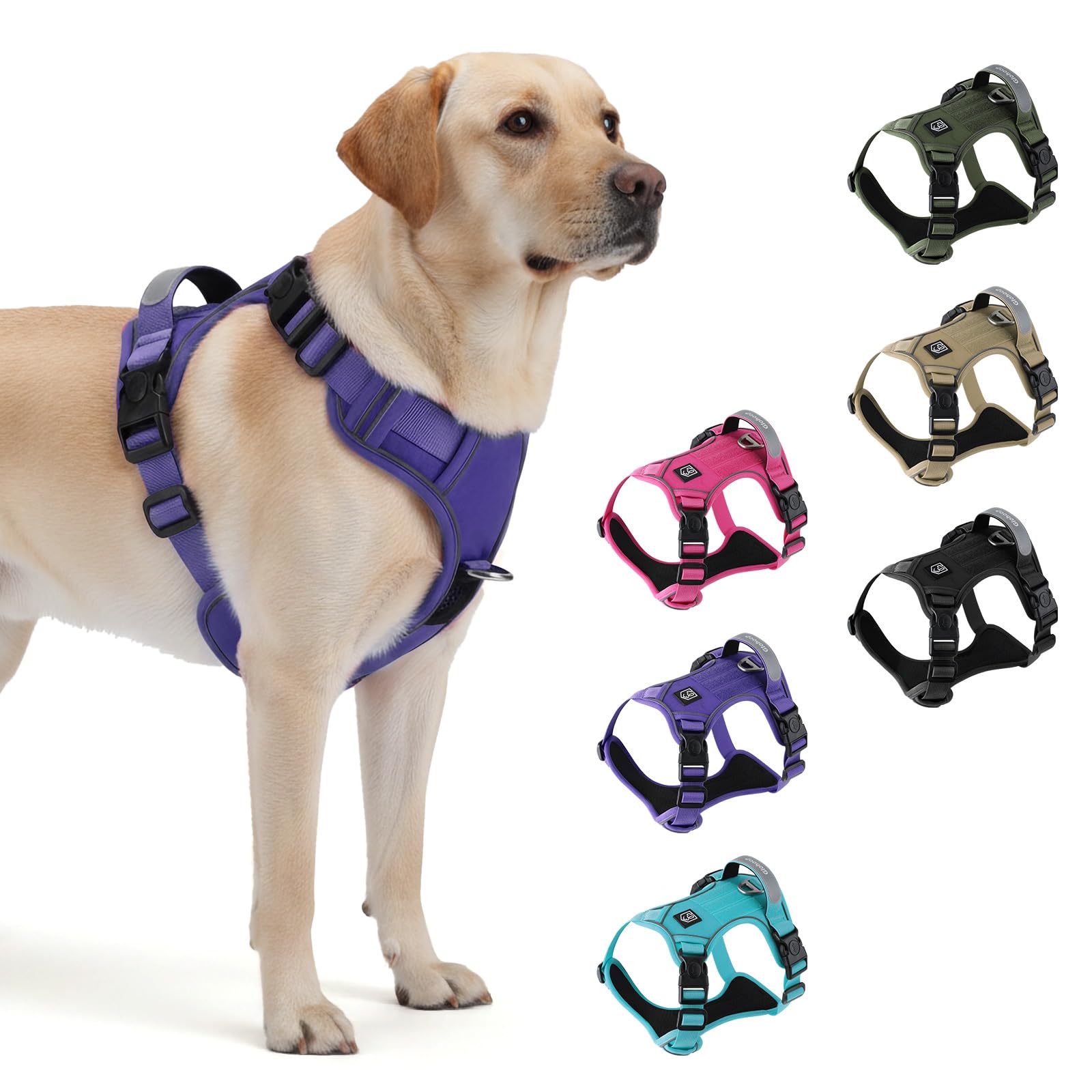 Heavy Duty Tactical Dog Harness for Large Dogs, No Pull Dog Harness with Handle & Front Clip, Reflective Soft Padded, Hook and Loop Panel, Dog Vest for Walking, Service Training, Purple