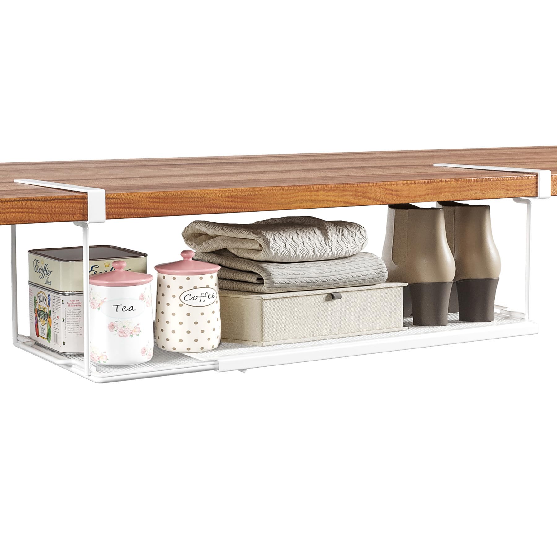 SHINEWON Expandable Under Cabinet Shelf, Extendable Under Shelf Storage with 1.25 Inches Thick Clips for Shoe Rack, Pantry Cabinet, Laundry Room. (White, 1 Pack, Interior: 6" H x 8.26" D)