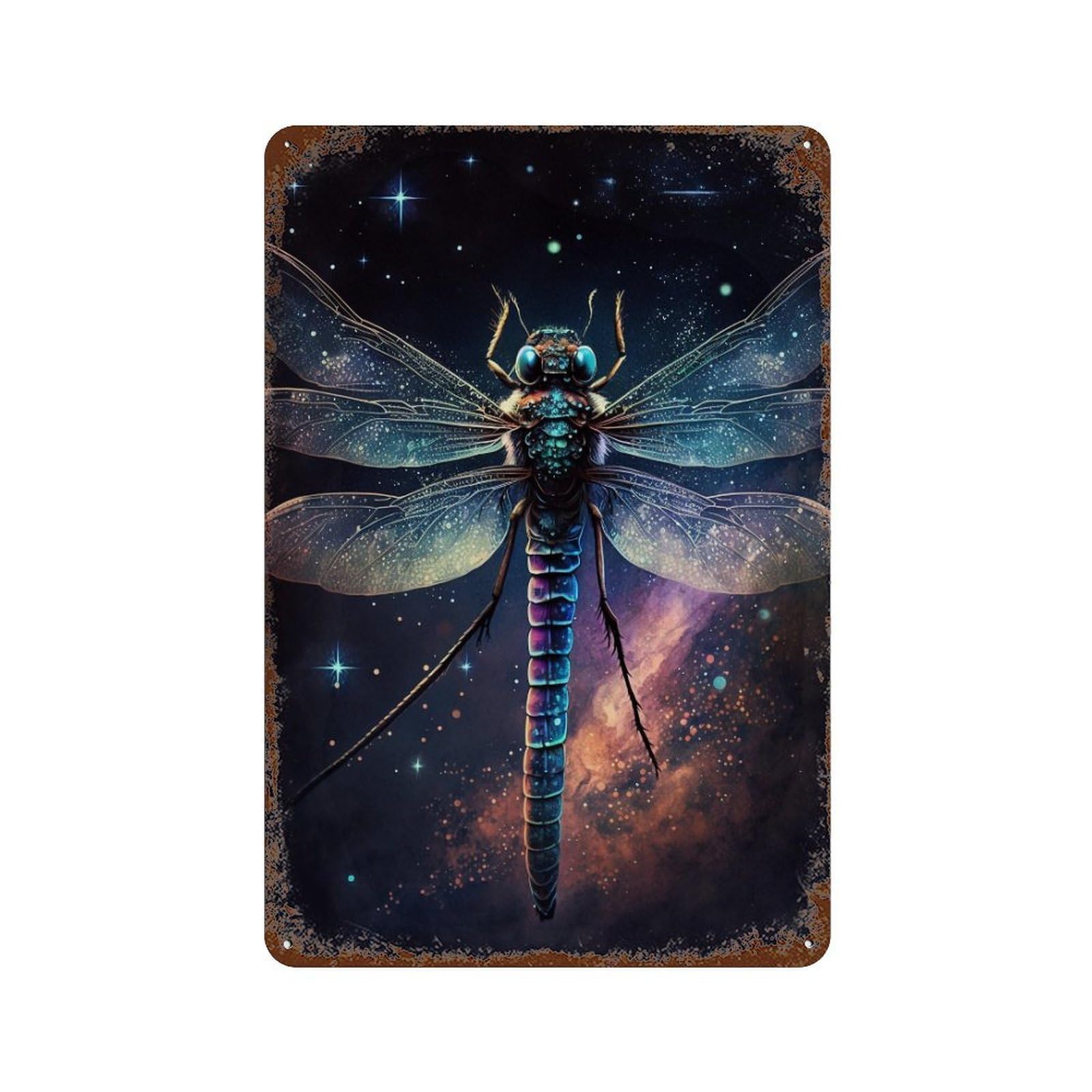 Cosmic Dragonfly Art Print-3 11.8"x7.9" Rust Effect Tin Sign, Vintage Wall Decor for Farmhouse, Kitchen And Entryway Decor