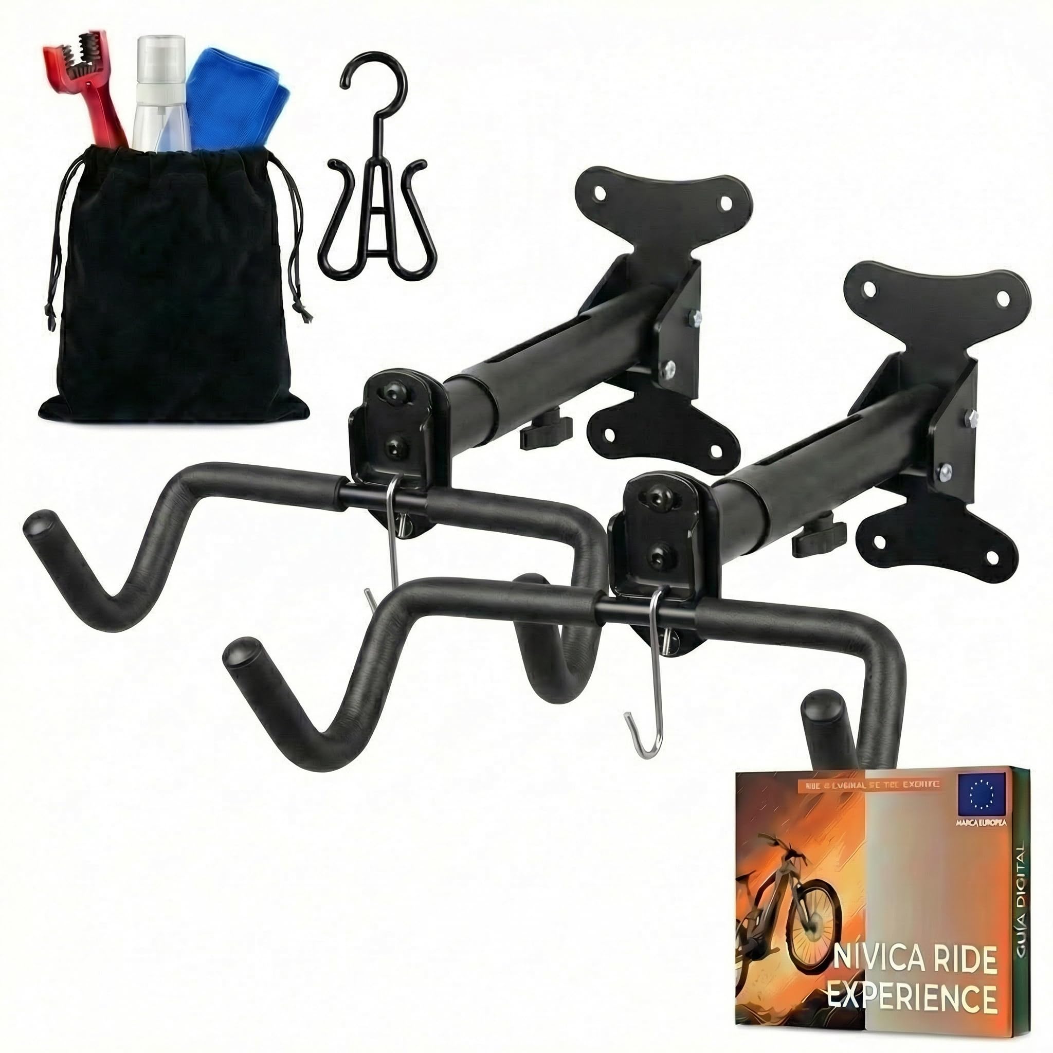 Soporte Bicicletas Pared, Soporte de Pared Para Bicicletas, Plegable, Ángulo y Distancia Ajustable, Extra Acolchado, Gancho para Casco y Calas, Con Kit Limpieza Bici y Guía Digital Montaje Rápido — view 8