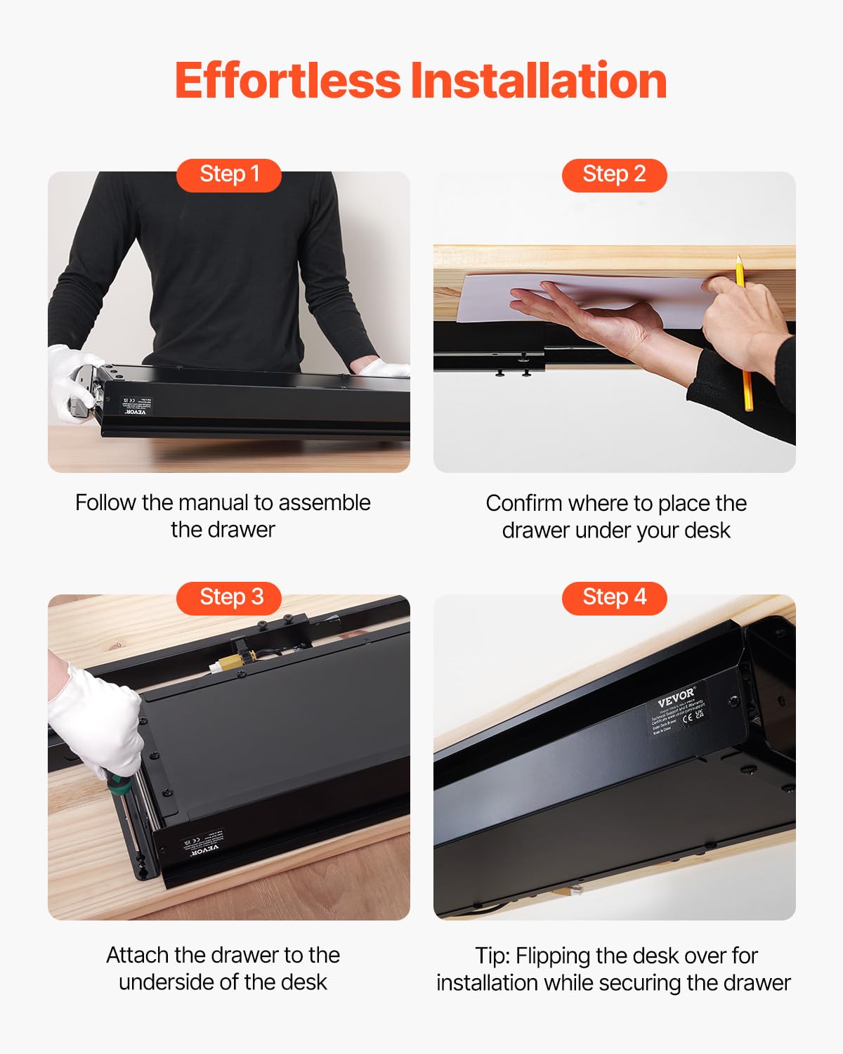 VEVOR Untertisch Schublade 840x240x107mm, Unterbau Schreibtisch, versteckter Schreibtisch-Aufbewahrungs-Organizer, Bleistiftschublade unter dem Tisch für Sitz- & Steharbeitsplätze im Büro & zu Hause