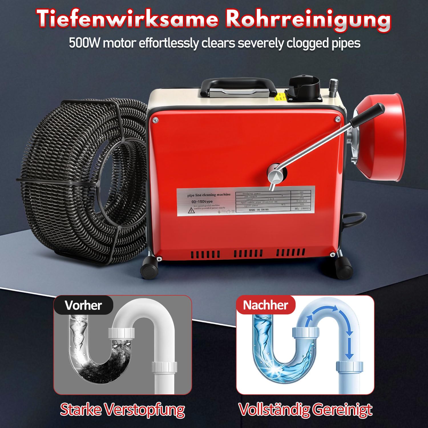 Elektryczna maszyna do czyszczenia rur 500 W, 16 mm, 20 m + spirale Ø 10 mm, 5 m, 6 głowic, urządzenie do czyszczenia rur 400 obr./min, do rur Ø 20-120 mm, do rur