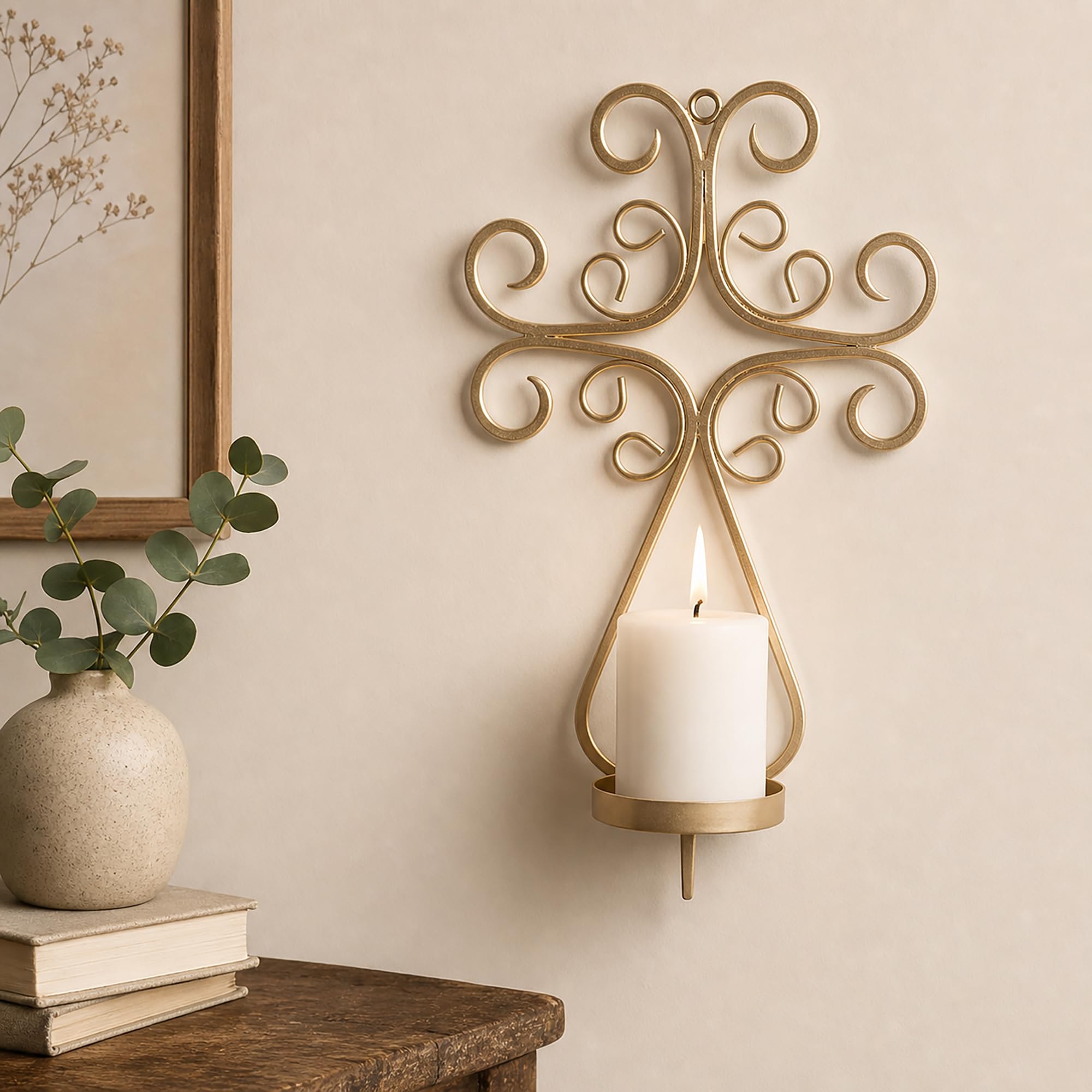 Hosley Gold Metal Wall Candle Holder for Living Room Décor | Decorative Iron Wall Mounted Tealight & Pillar Candle Stand | Wall Hanging Candle Sconce for Home, Pack of 1-image-44