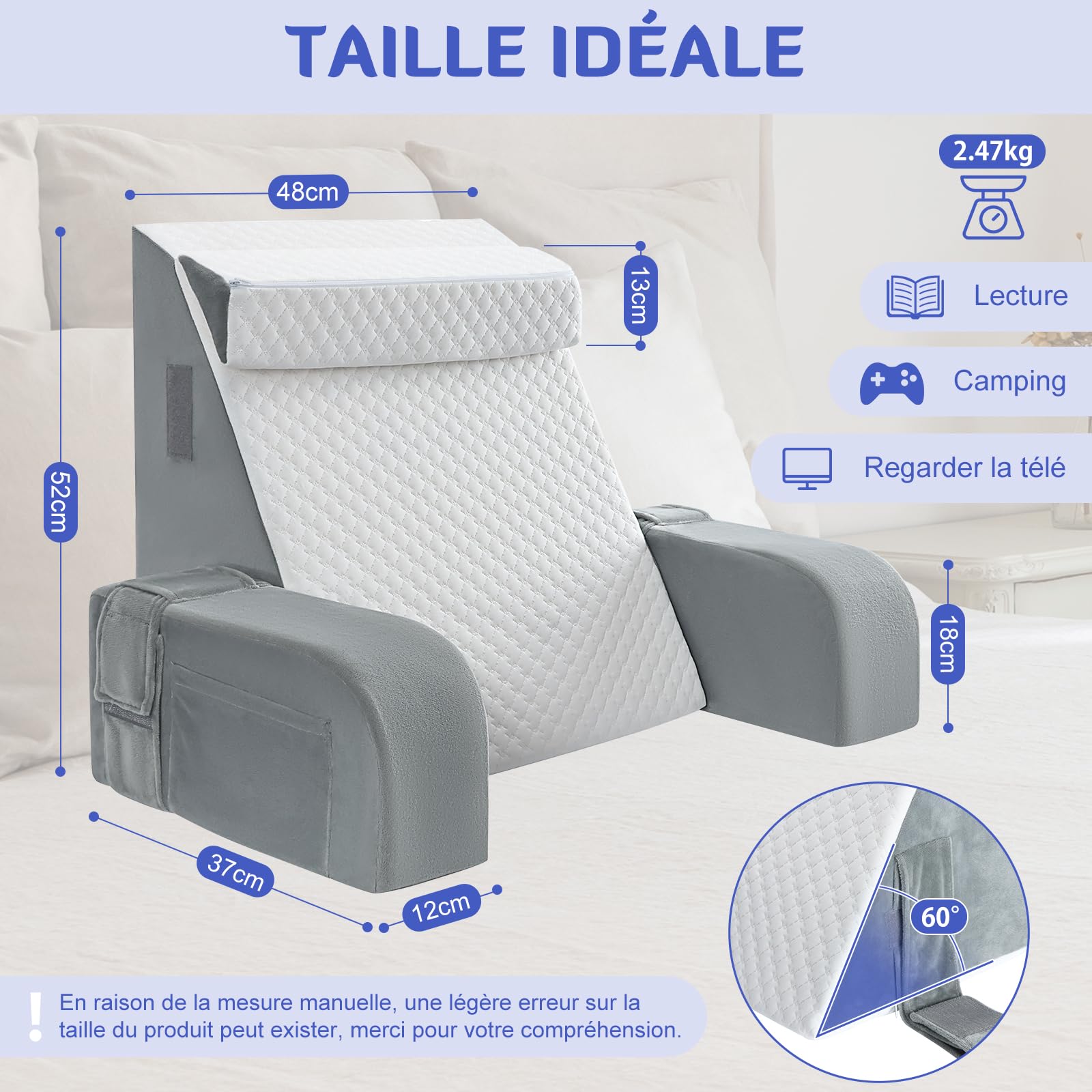 INFANZIA Coussin de Lecture Ergonomique - Coussin Support Dorsale avec Oreiller Cervical et Accoudoirs Amovibles, Oreiller de Dos pour Adulte pour se Détendre, Regarder la télé, Housse Lavable
