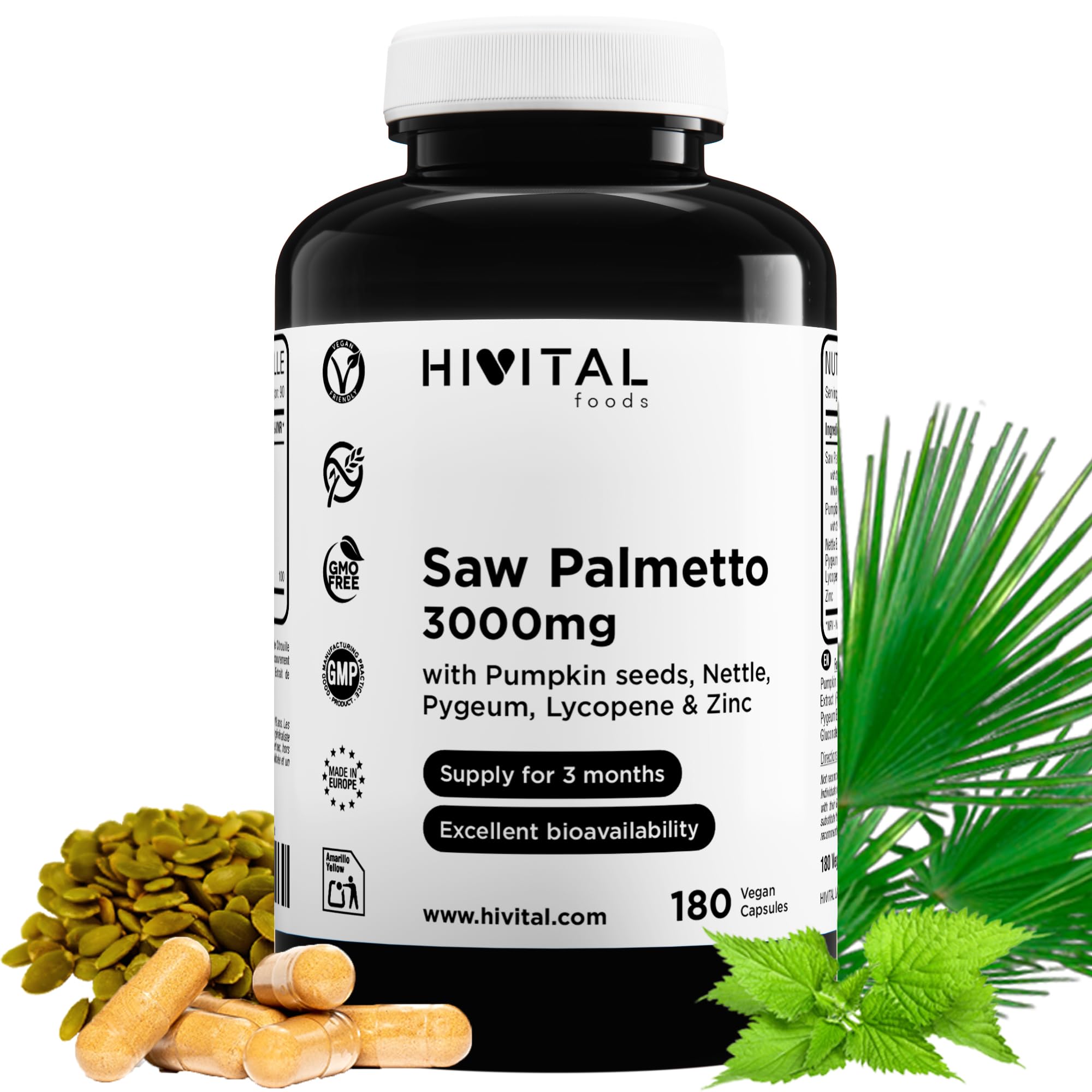 Saw Palmetto 3000 mg. 180 capsule vegane per 3 mesi di trattamento. Con Serenoa Repens (Sabal Serrulata), Semi di zucca, Ortica, Pigeum Africanum, Licopene e Zinco. Prodotto in Europa da HIVITAL