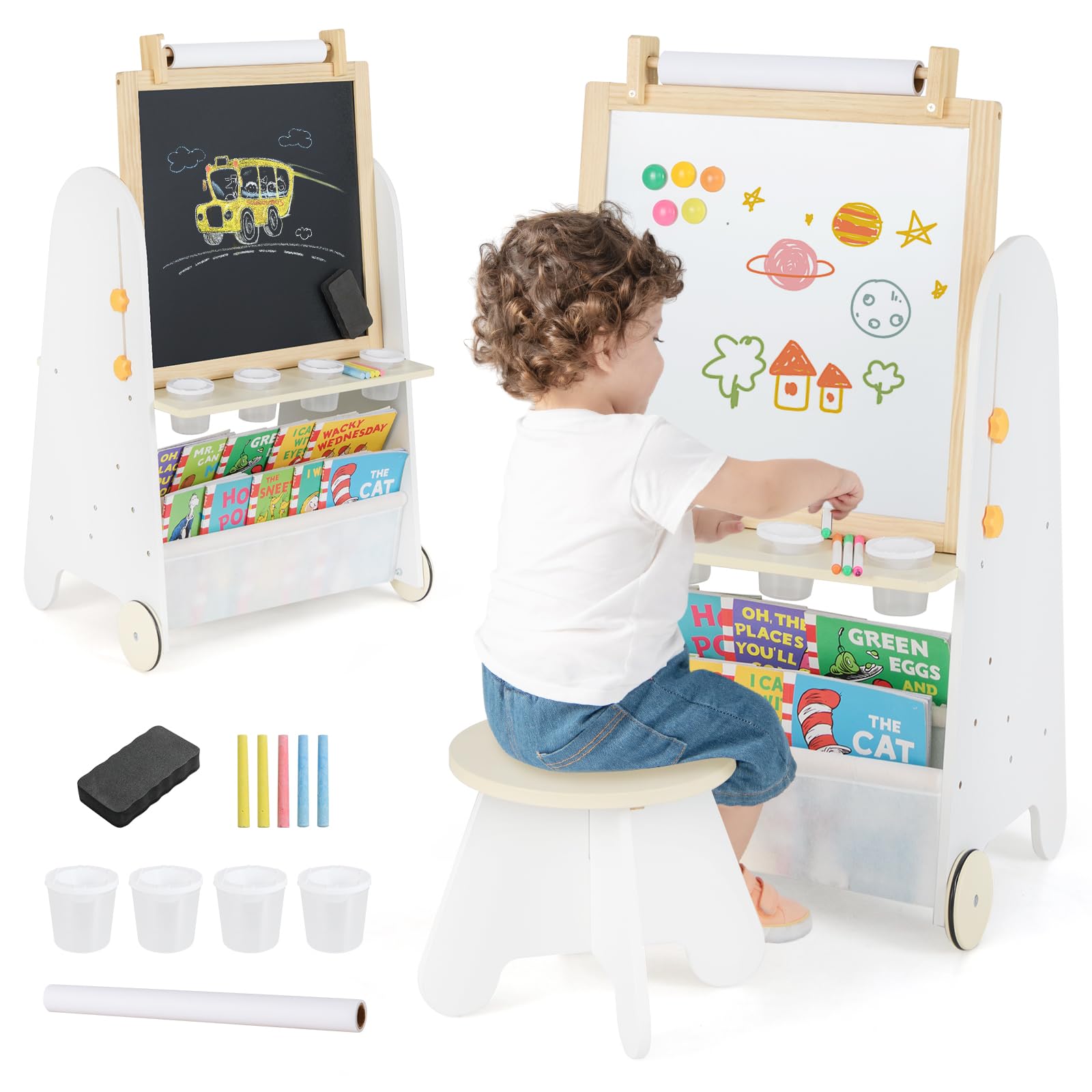 COSTWAY Kids Art Easel and Stool Set, 4 in 1 Toddler Activity Table with Magnetic Whiteboard, Chalkboard, Bookshelves, Paper Roll, Paint Cups, for Drawing, Reading, Learning (White + Natural)