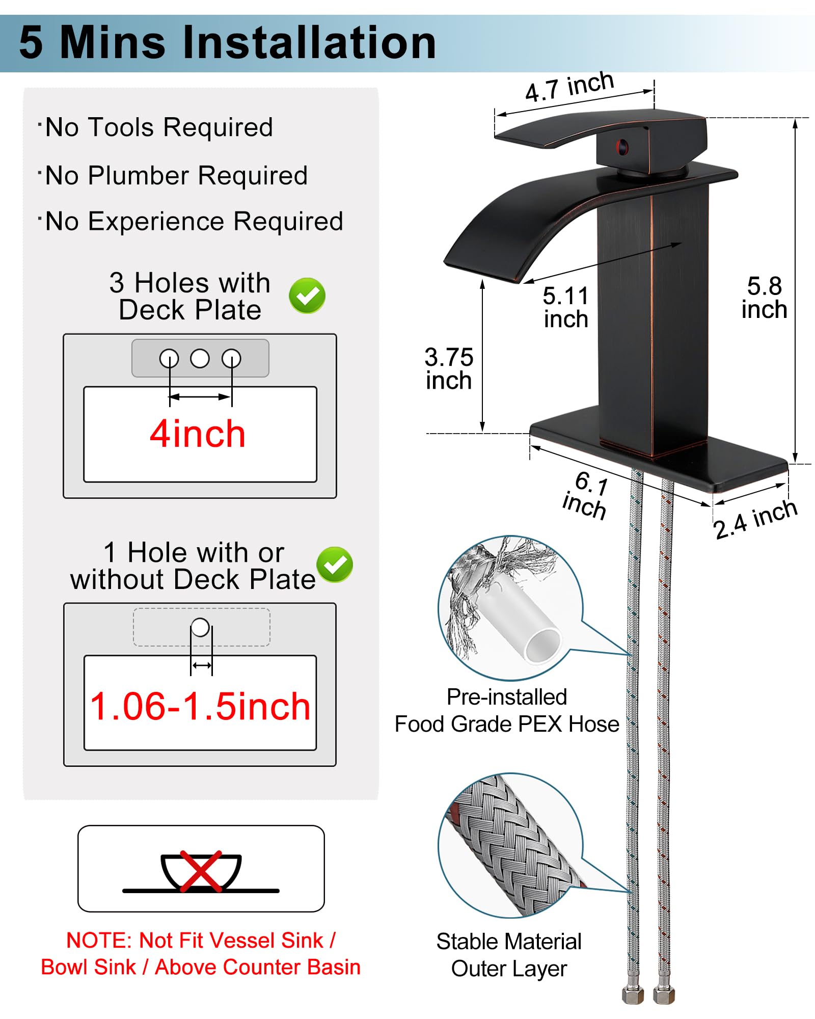 Waterfall Bathroom Faucet Oil Rubbed Bronze Brass 4 Ins Bathroom Faucets One Hole or 3 Hole Single Handle — view 6
