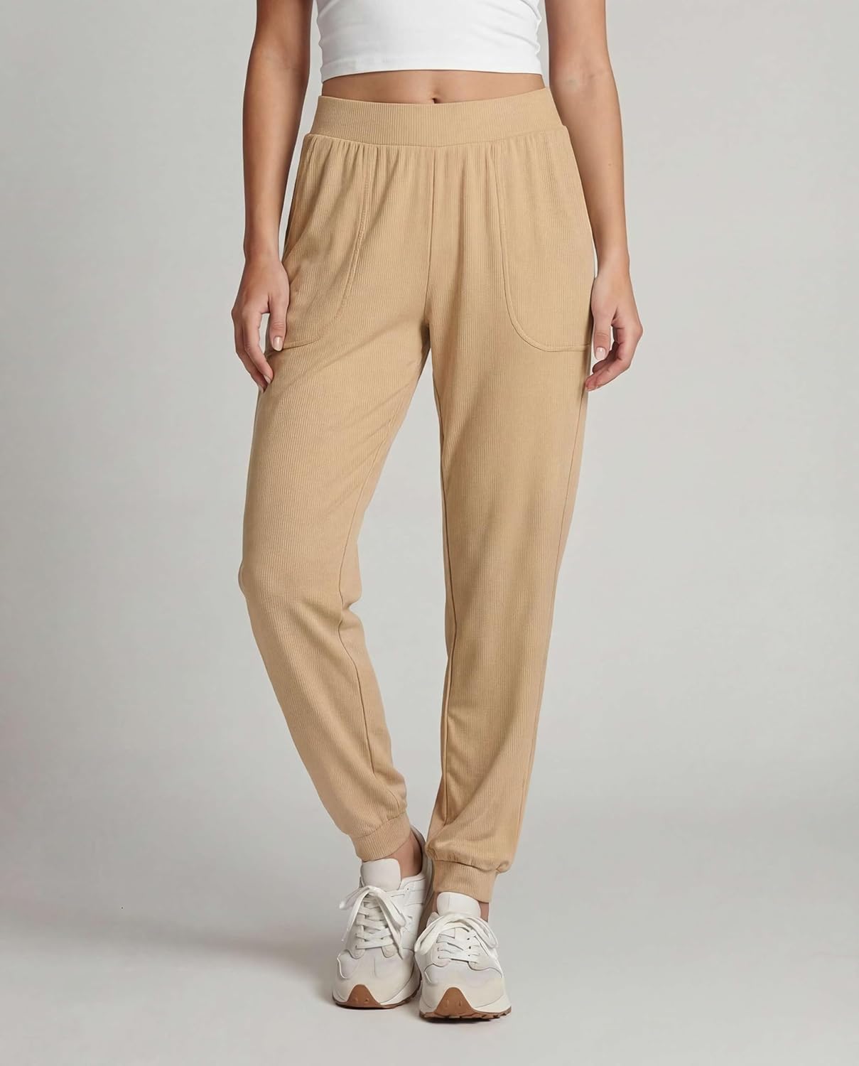 Real Essentials 3 Pack: Women's Ribbed Lounge Jogger Casual Pants Cuffed Sweatpants with Pockets (Available in Plus) - Image 2