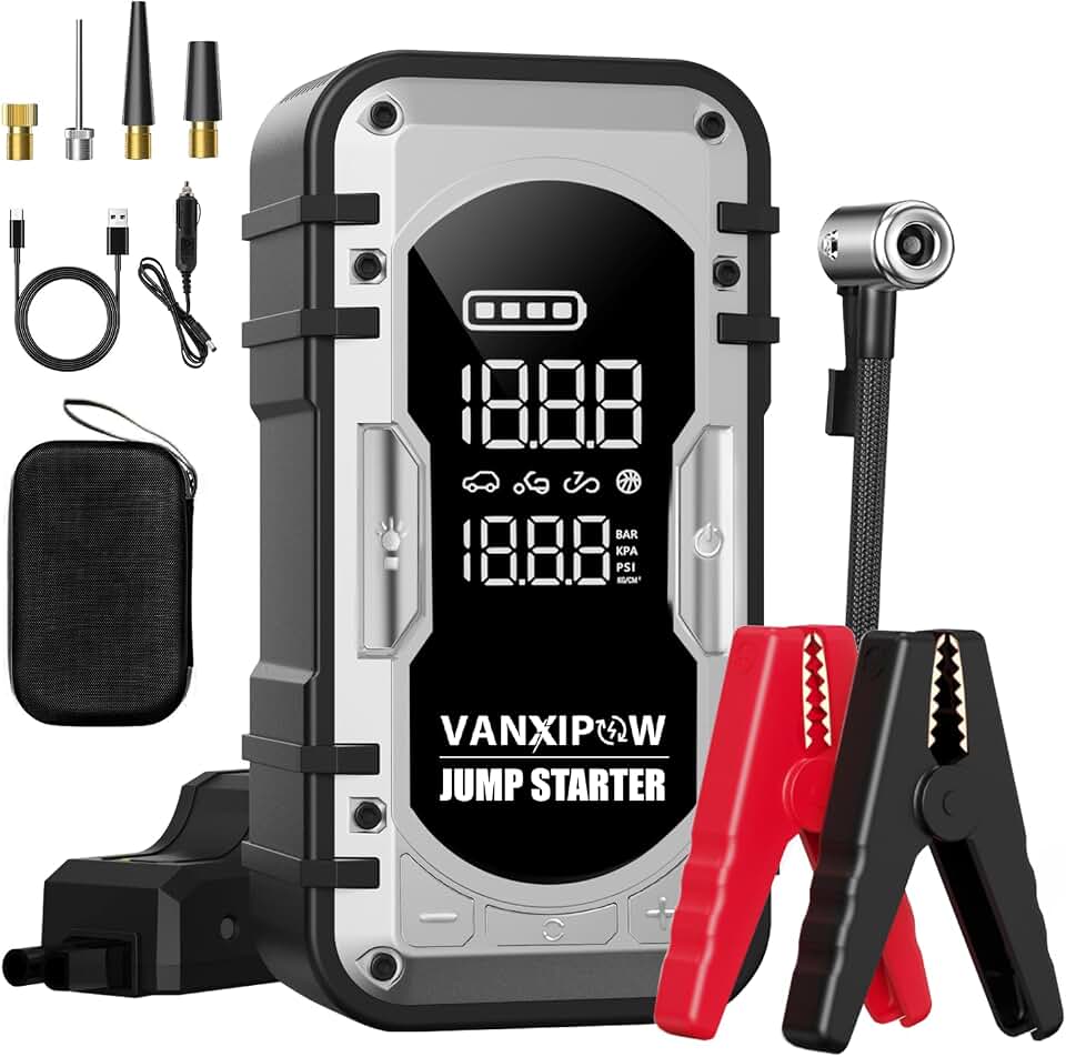 8000A Portable Car Battery Jump Starter with Air Compressor, 150PSI (9.0 L Gas/8.0L Diesel), 12V Jump Box Car Battery with 600 Lm LED Light, with Large LED Display, Power Bank