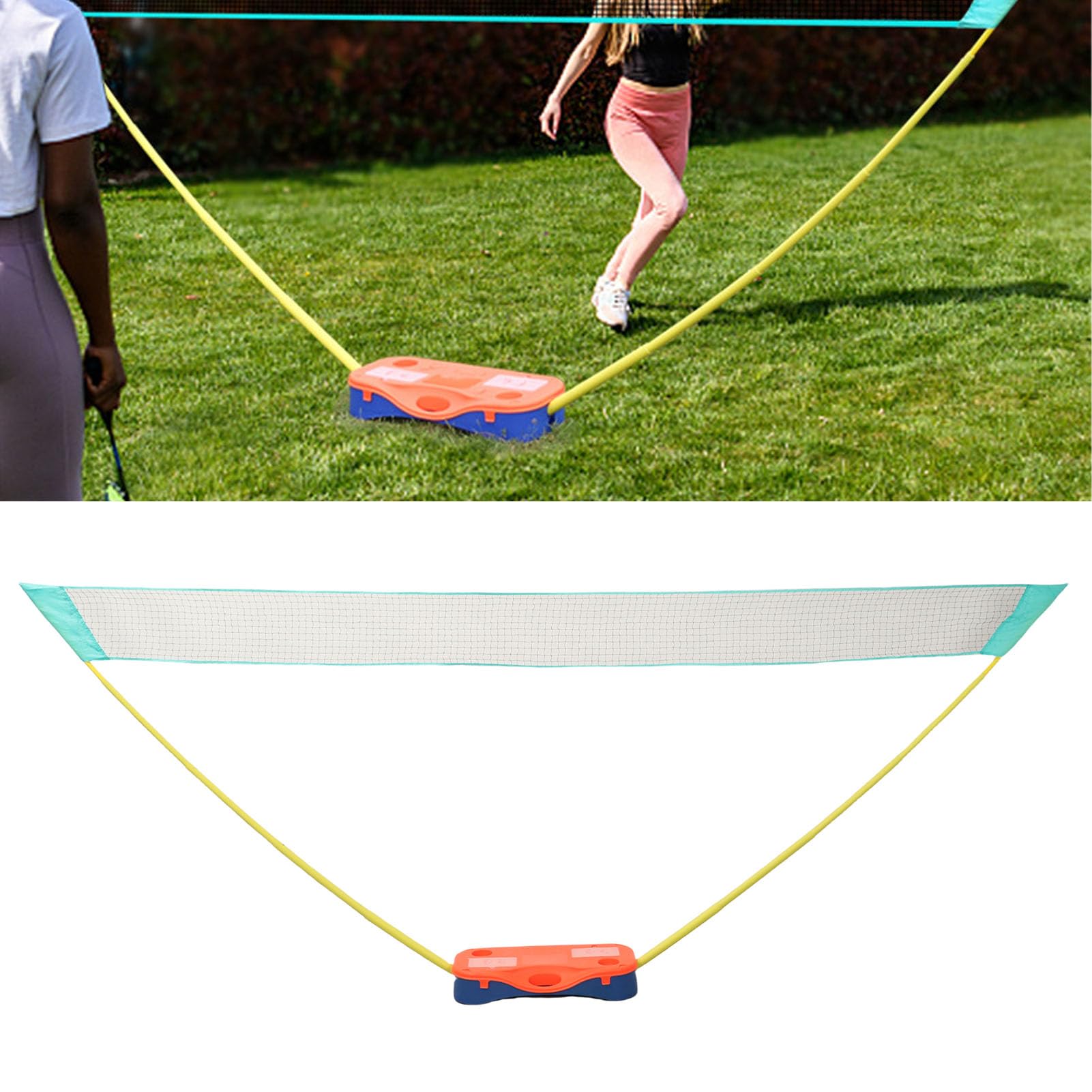 Set da badminton portatile con rete da 4 metri e base di supporto, facile da montare per giochi in famiglia, in giardino e al chiuso, blu e arancione.