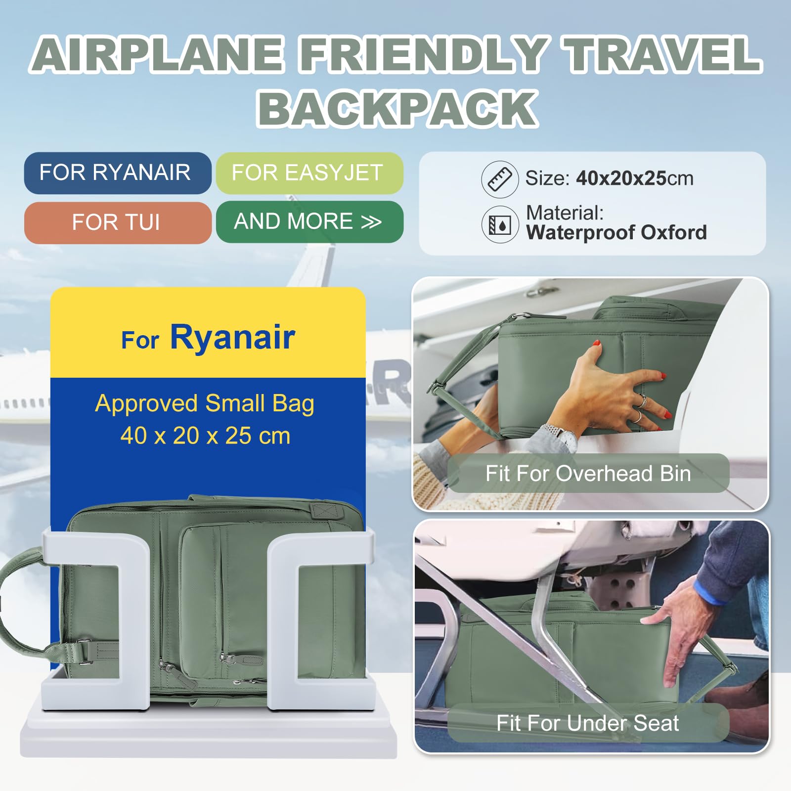SZLX Zaino Ryanair 40x20x25 Donna Zaino da Viaggio Bagaglio a Mano 20L Uomo Borse da cabina 45x36x20 Easyjet Travel Backpack Adatto a laptop da 14 Pollici con scomparto per scarpe per Lavoro e Scuola
