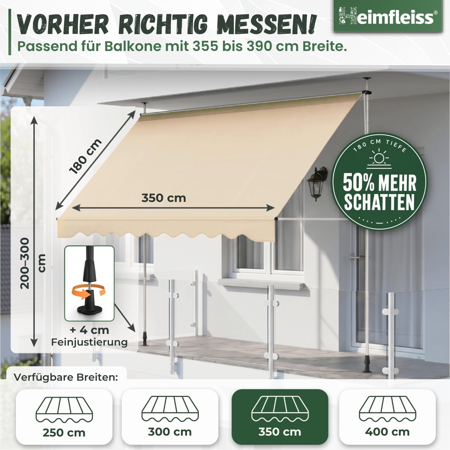 Heimfleiss® Klemmmarkise 350 cm breit mit Handkurbel | Markise Balkon ohne Bohren | Balkon Sonnenschutz, UV-beständig (UV 50+), höhenverstellbar & wasserabweisend | 3,5m Balkonmarkise zum Klemmen
