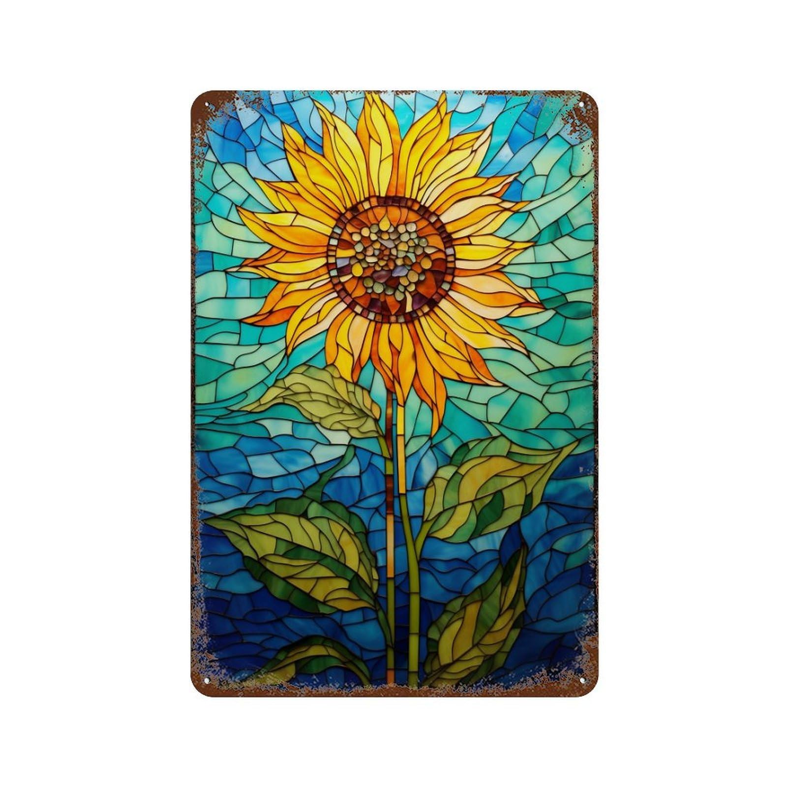 Distressed Metal Wall Sign Stained Glass Sunflower Art-2 11.8"x7.9", Vintage Wall Decor for Garage, Bar And Workshop Decor