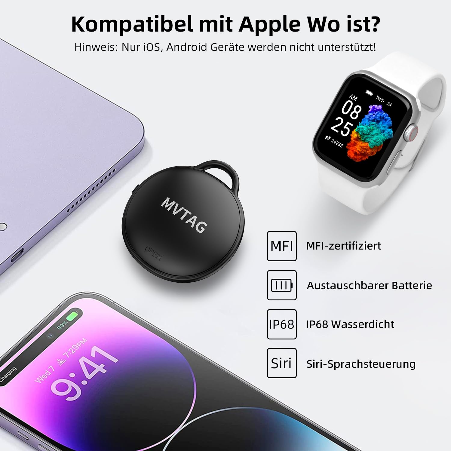 Lot de 4 localisateurs de clés Tag - Compatible avec Apple Où est ? APP (iOS Uniquement) - Étanche IP68 - pour clés/valises/Bagages/Sacs, Bluetooth Key Finder Tagg
