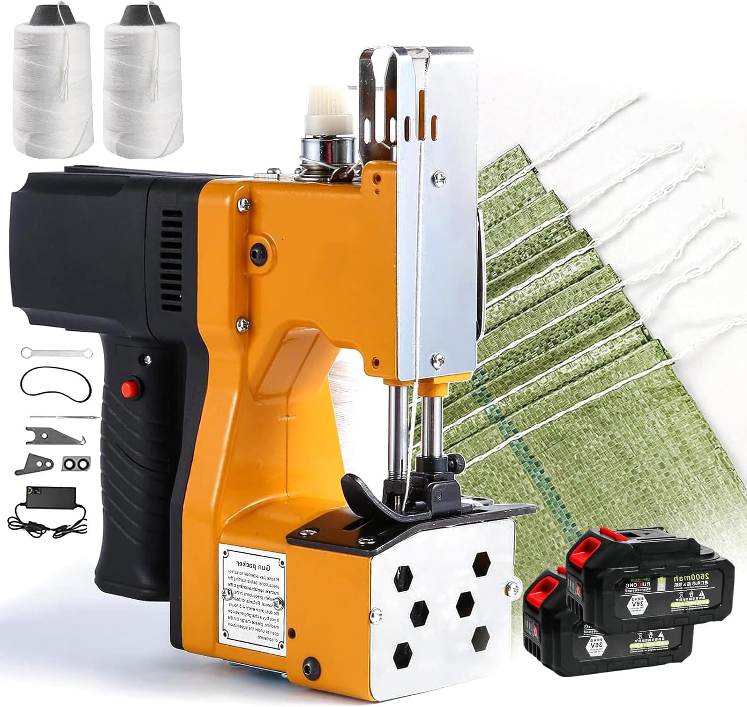 Electric Bag Closing Machine, Cordless Sewing Stitching Portable 36V 2600mAh, Includes 2 Sewing Threads for Rice, Sack, Woven, Paper, Plastic Bags