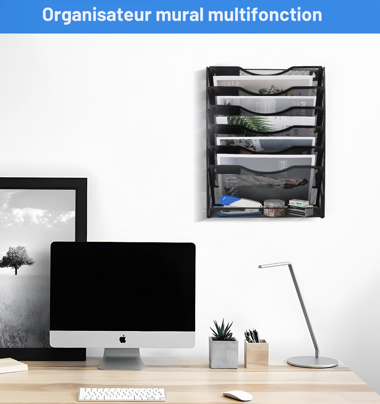 Porte Revue Mural Métal 7 Compartiments Organisateur Bureau Rangement Papier A4 Noir