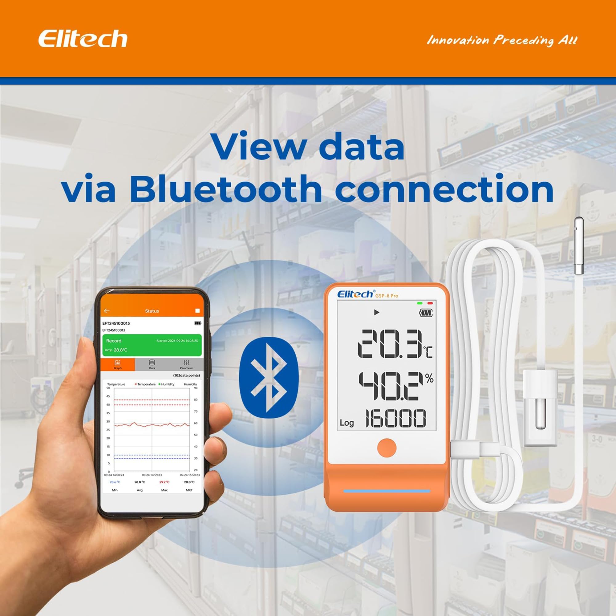 Elitech Rejestrator temperatury Bluetooth 1 sonda żelowa i 1 sonda TH z danymi cienia, raport PDF CSV 100 000 punktów, certyfikat kalibracji lodówki aptecznej, GSP-6Pro GLE+THE