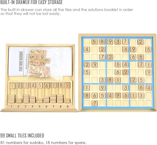 Miniatura 4 de KAILIMENG Sudoku - Juego de mesa de madera con cajón, 81 rejillas de número de lugar para niños y adultos (línea azul)