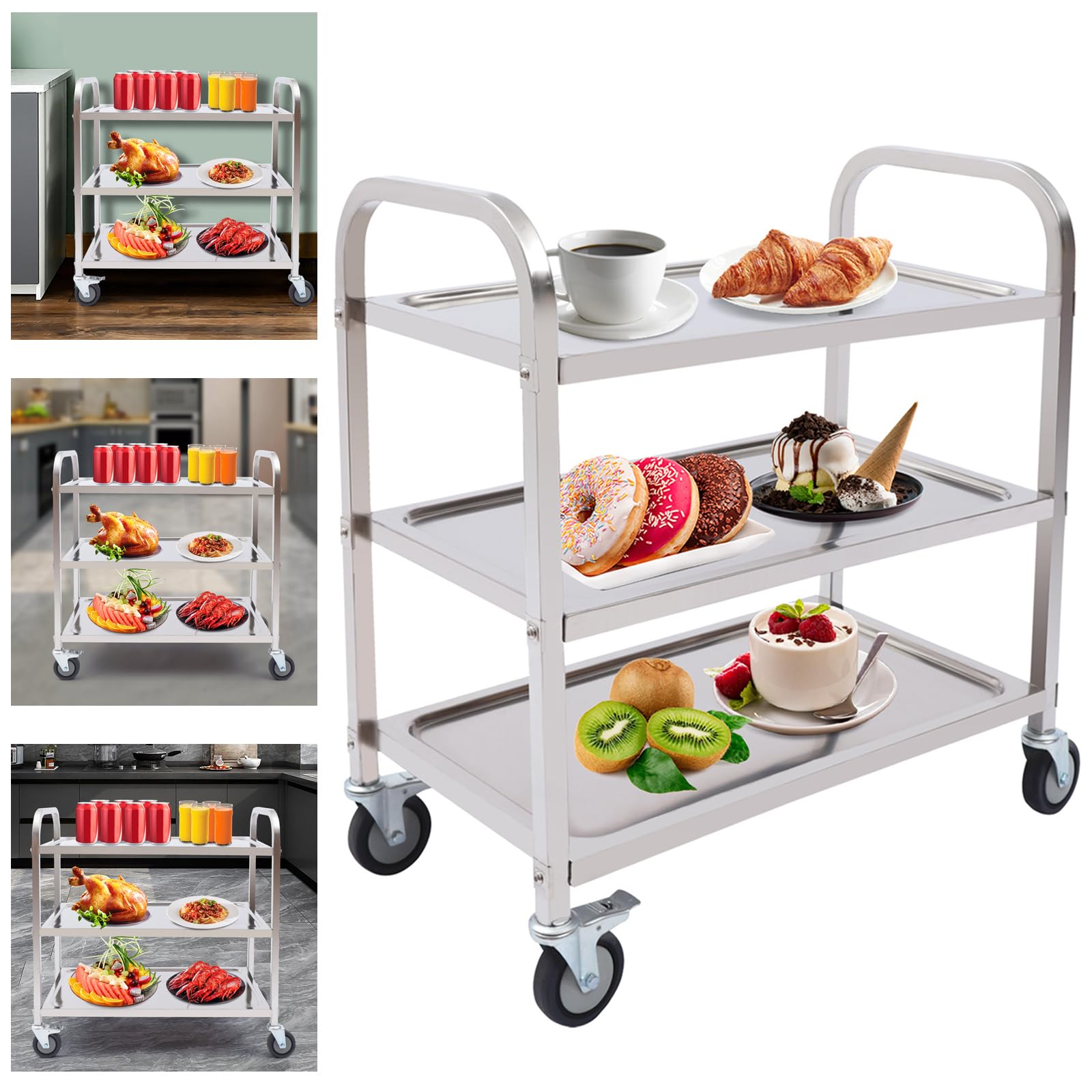 Carro de servicio de acero inoxidable con 3 bordes, carro de cocina con ruedas y frenos de estacionamiento, 4 ruedas, carro de servicio gastro con freno, 75 x 40 x 83,5 cm