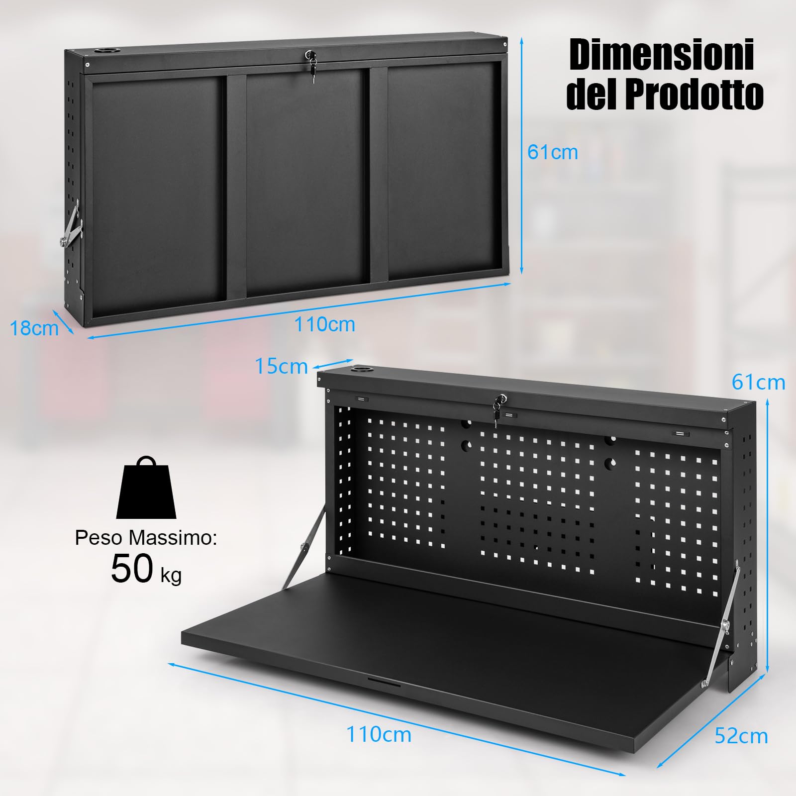 COSTWAY Banco da Lavoro Pieghevole a Parete, Organizzatore 2 in1 con Pannello Portautensili e Piano Spazioso, Tavolo da Lavoro Appeso per Garage, Magazzino, Officina, Nero