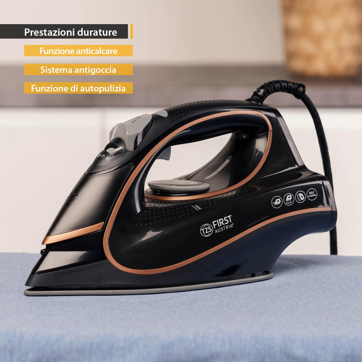 Ferro da stiro a vapore TZS First Austria I 2800-3200 W I piastra in ceramica I autopulizia I vapore verticale I anticalcare I stiratura a secco I serbatoio dell'acqua da 0,45 l I 1,3 kg