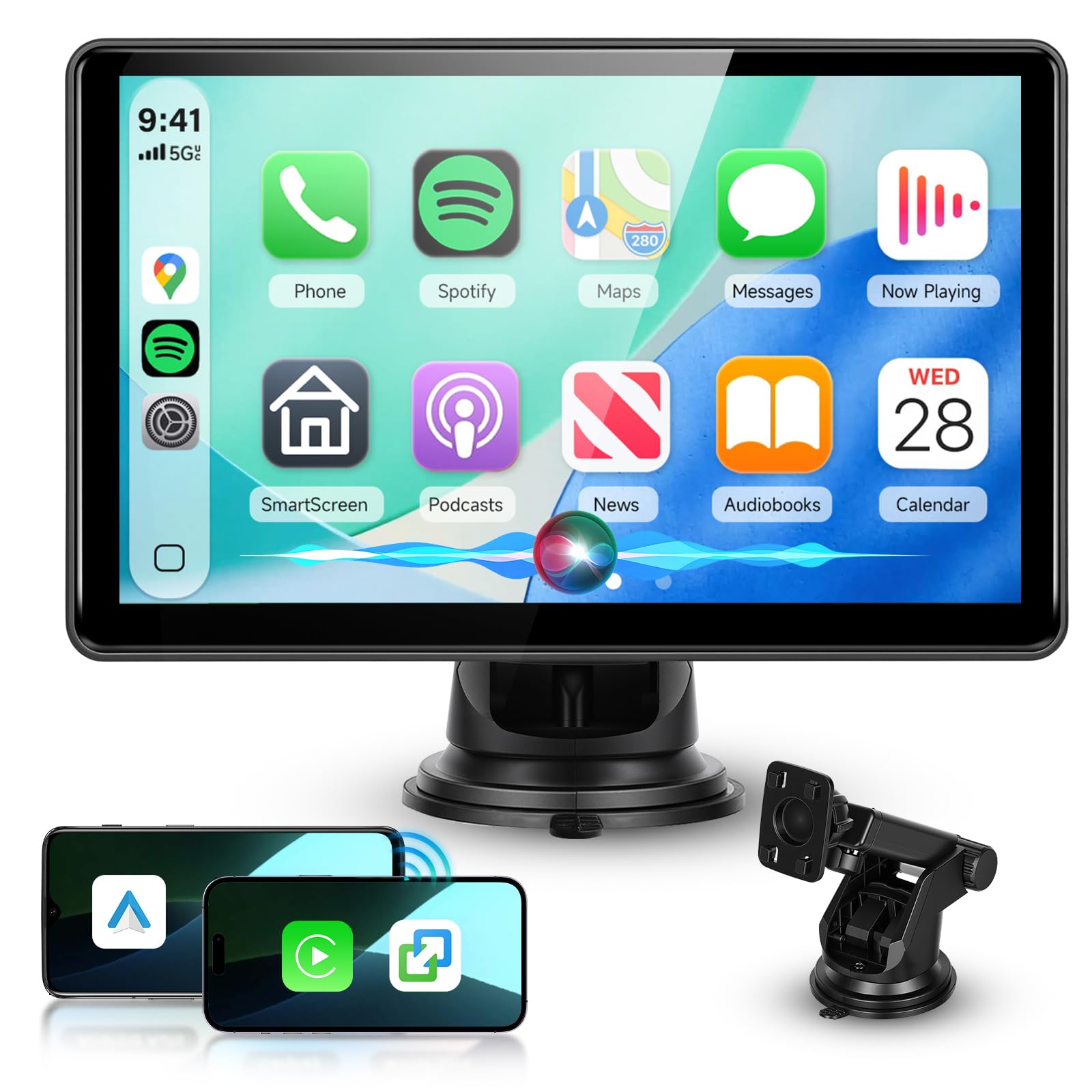 Podofo Autoradio Carplay et Android Auto sans Fil，Ecran Tactile HD Portable 7 Pouces Voiture Stéréo avec Bluetooth, Transmission FM, Airplay, Mirror Link