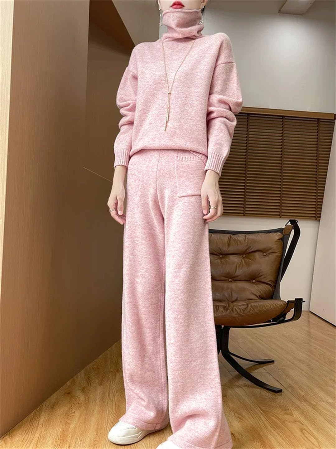 Women Wool Pullover Pantsuit Turtleneck Cashmere Sweater 100% Merino Wool Soft Knitwear Two Pieces Set - Image 6