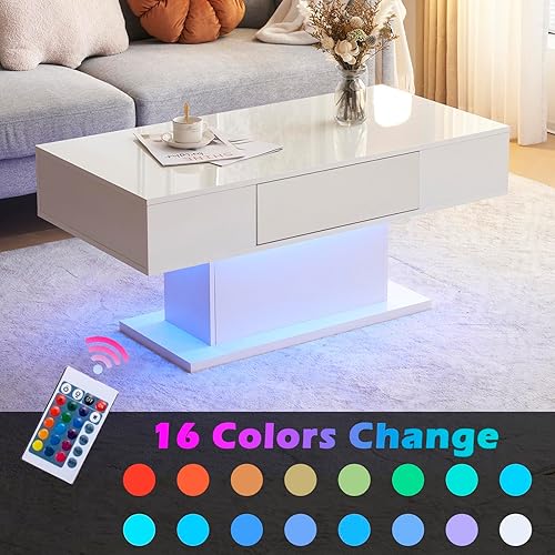 Miniatura 6 de Karl home Mesas de centro LED para sala de estar, mesas centrales modernas con almacenamiento, mesas de sala de estar de alto brillo con 1 cajón,