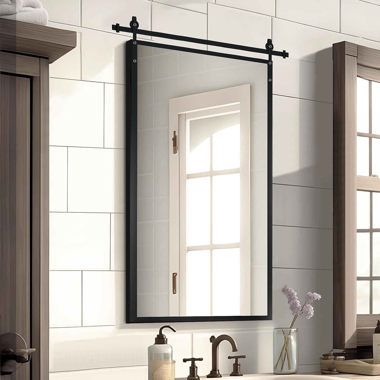 JNFUZ Black Bathroom Mirror, Farmhouse Style 24x36 Inch Barn Door Mirror with Iron