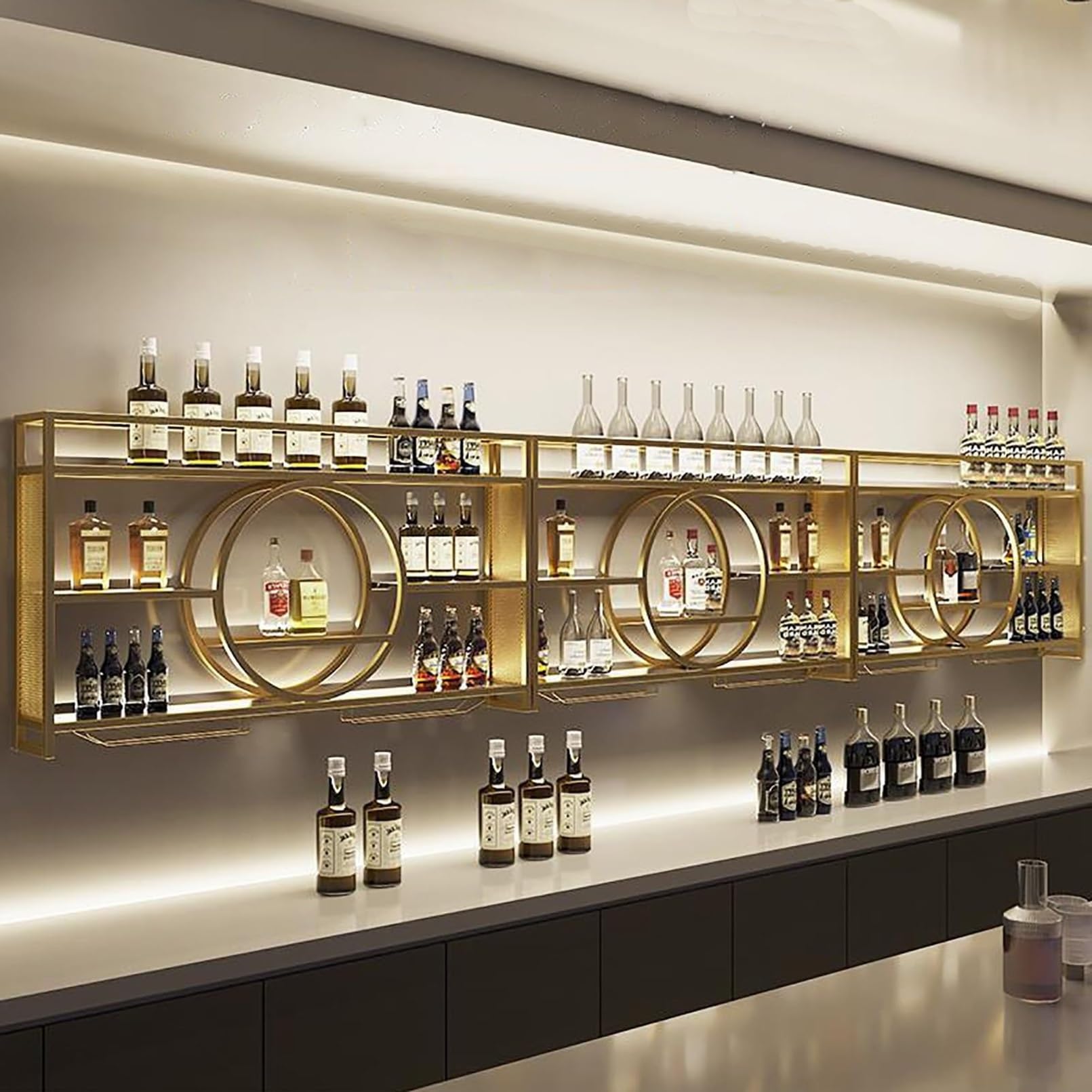 Estante de Vino Montado en la Pared Con Luz LED - Unidad de Barra Flotante Para Exhibición de Botellas de Licor - Almacenamiento Multifuncional Con Soporte Para Copas