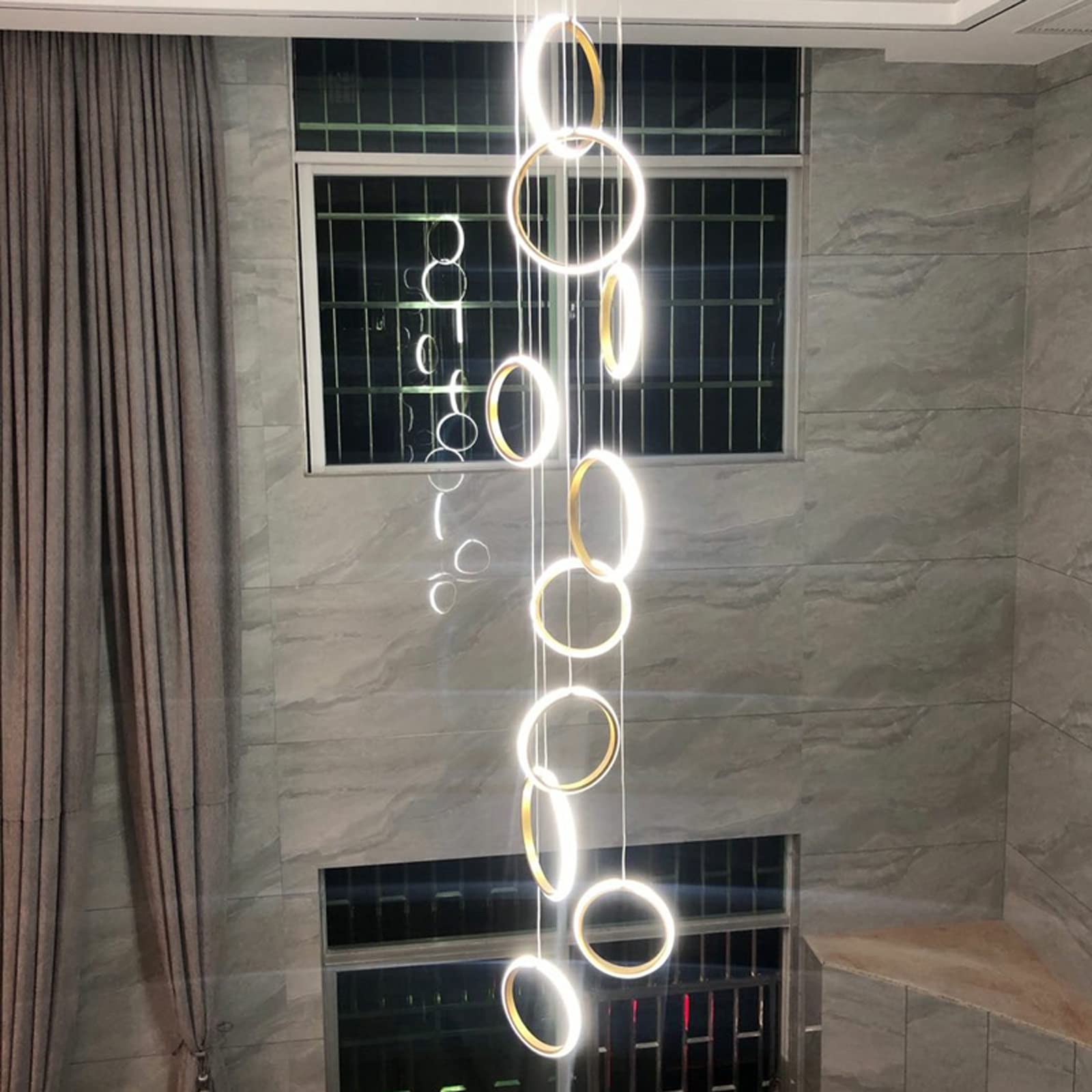 PCXEHUYP Modern Villa Stair Chandelier Luxury Staircase Lighting Hanging Lamp Ring Long Line Chandeliers LED Pendant Lights pendnat Light Fixture(Size:Square 15lam