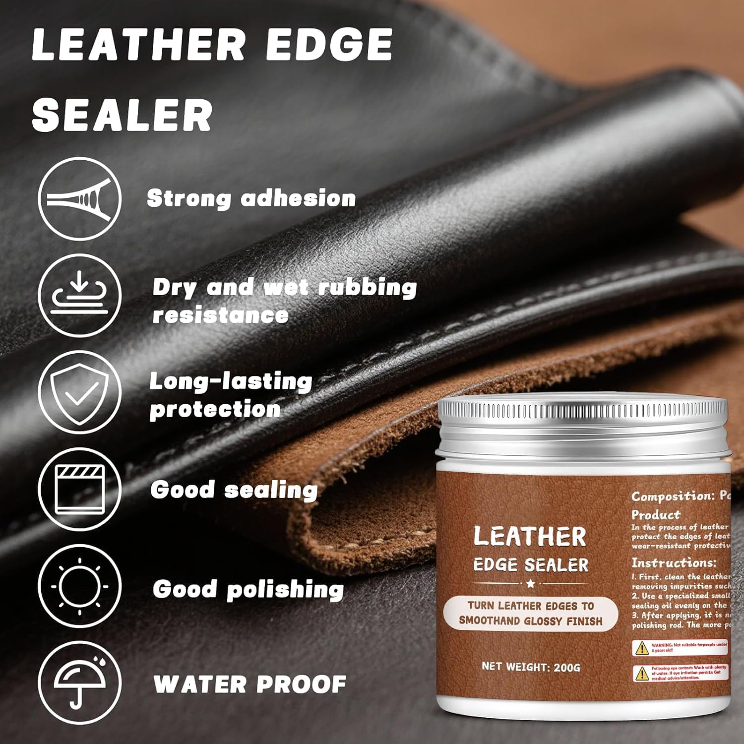 200g Leather Edge Sealer Kit, Burnishing Gum Smooth Glossy, Becomes Clear After Drying, for Belts, Wallets, Shoes, Sofas