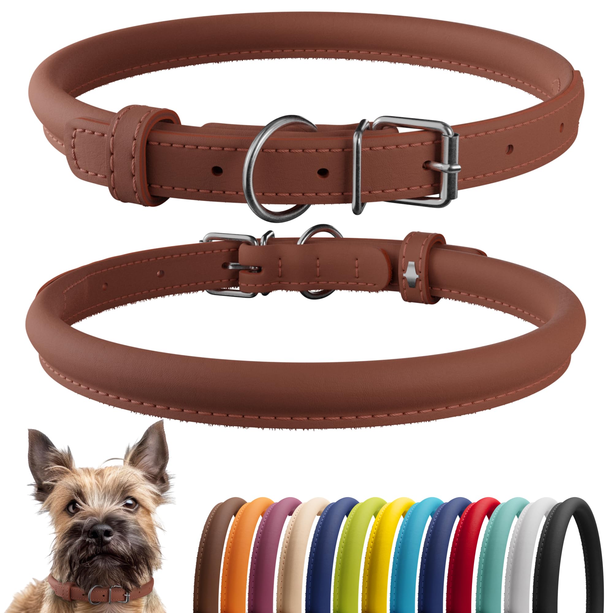 CollarDirect Rolled Leather Dog Collar, Soft Padded Round Puppy Collar, Handmade Genuine Leather Collar Dog Small Large Cat Collars 13 Colors (7-9 Inch, Brown Smooth)