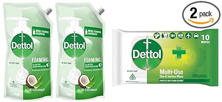 Dettol Foaming Handwash Refill - Aloe Coconut, 700ml (Pack of 2) & Dettol Disinfectant Skin & Surface Wipes, Original  10 Count