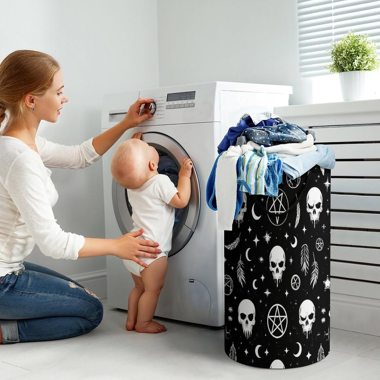 Portable Laundry Basket Freestanding Hamper Fashion Tall Clothes Hamper Goth Raven Crow Skull Moon Star Gothic Witch Magic Spirit Board