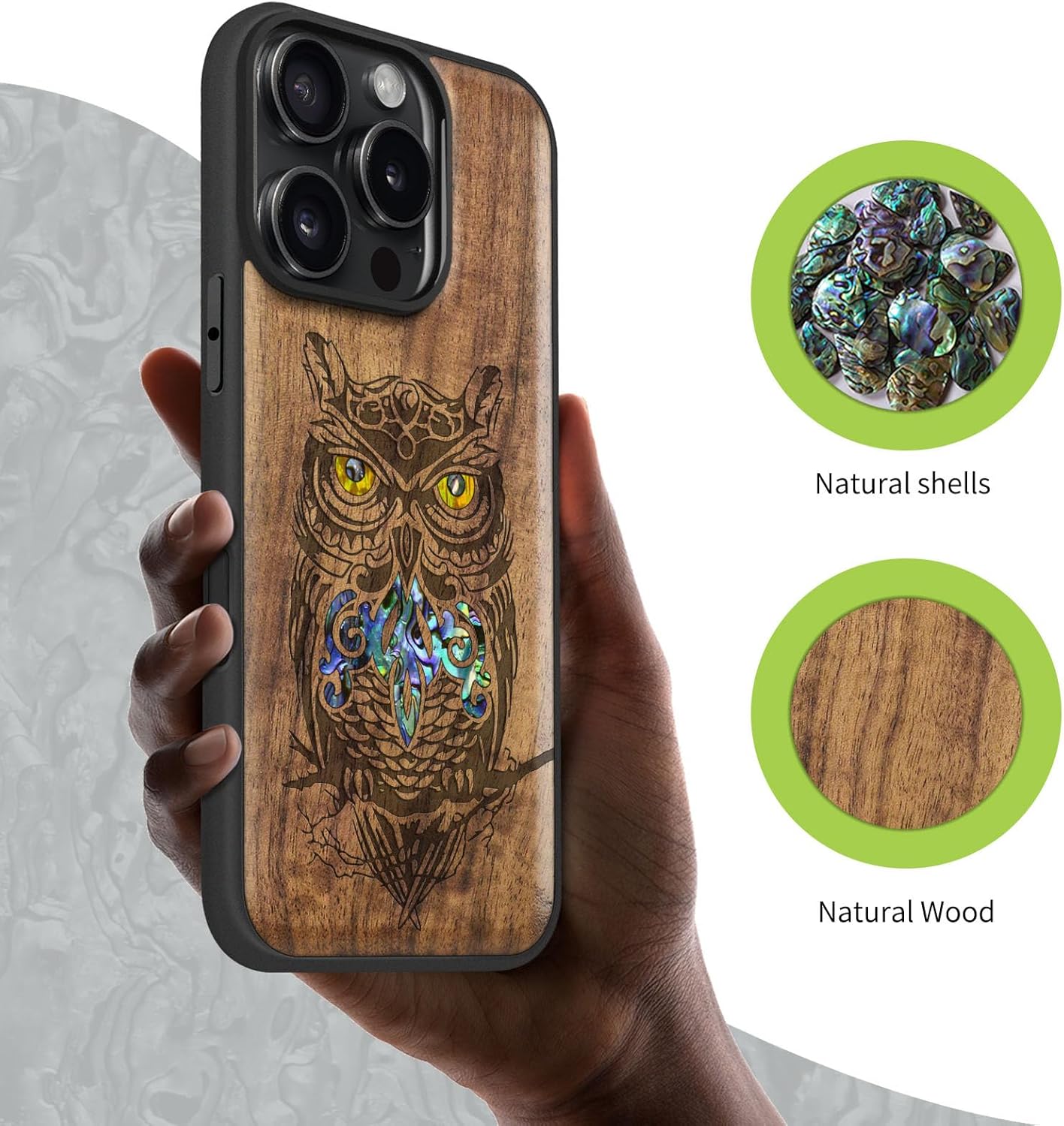 Carveit Magnetic Case for iPhone 16 Pro Case, Wood Artisan Engraved & Handmade Shell Inlaid, TPU Shockproof Cover, Compatible with MagSafe Wireless Chargers (an Owl Perched on a Branch) Walnut