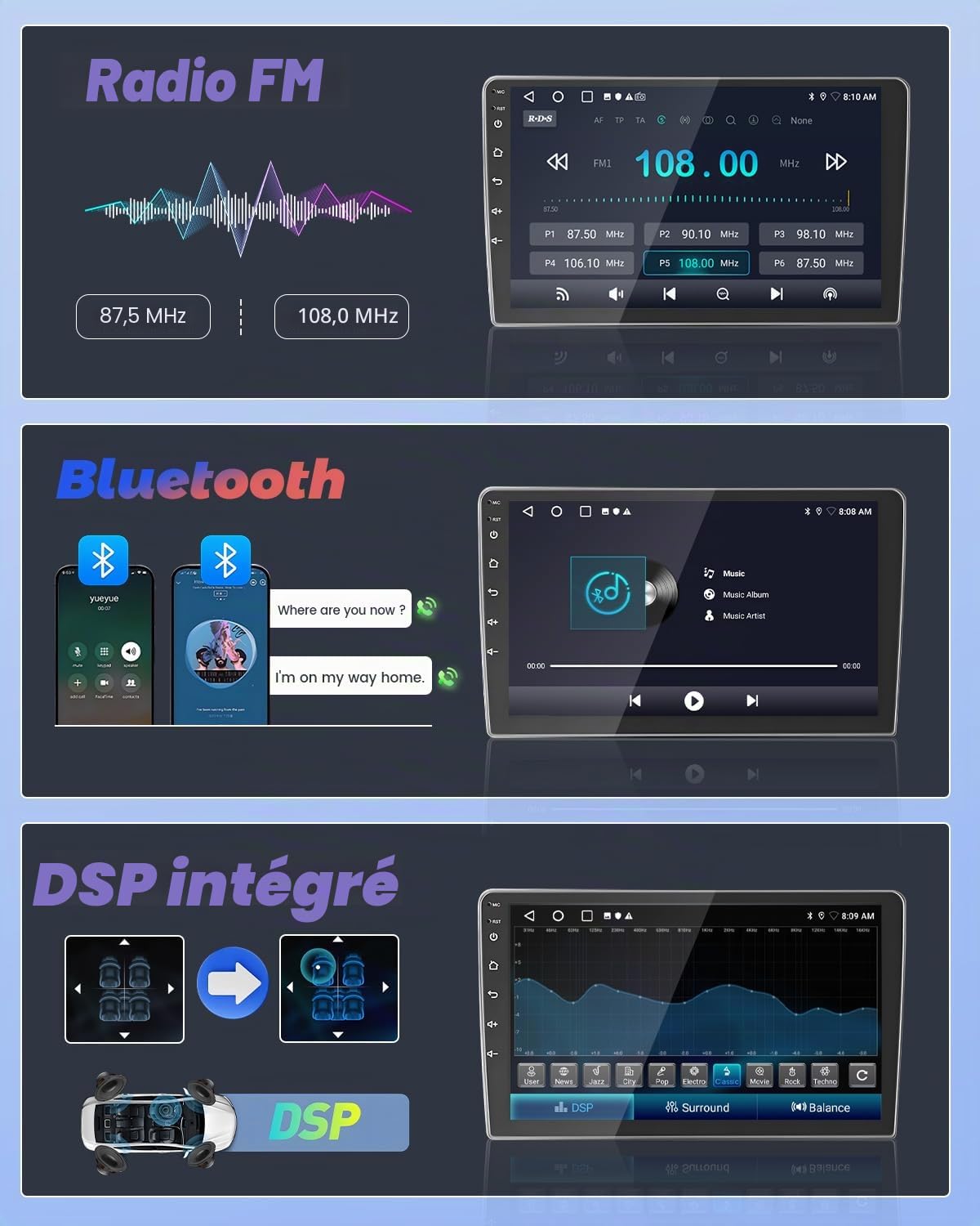 2+64GB Android 13 Autoradio pour Toyota RAV4 2007-2011 Radio Carplay Android Auto, IPS Écran Tactile 9 Pouces Poste Radio Voiture avec Caméra de Recul, Bluetooth Stéréo, GPS, WiFi, DSP, Mirror Link