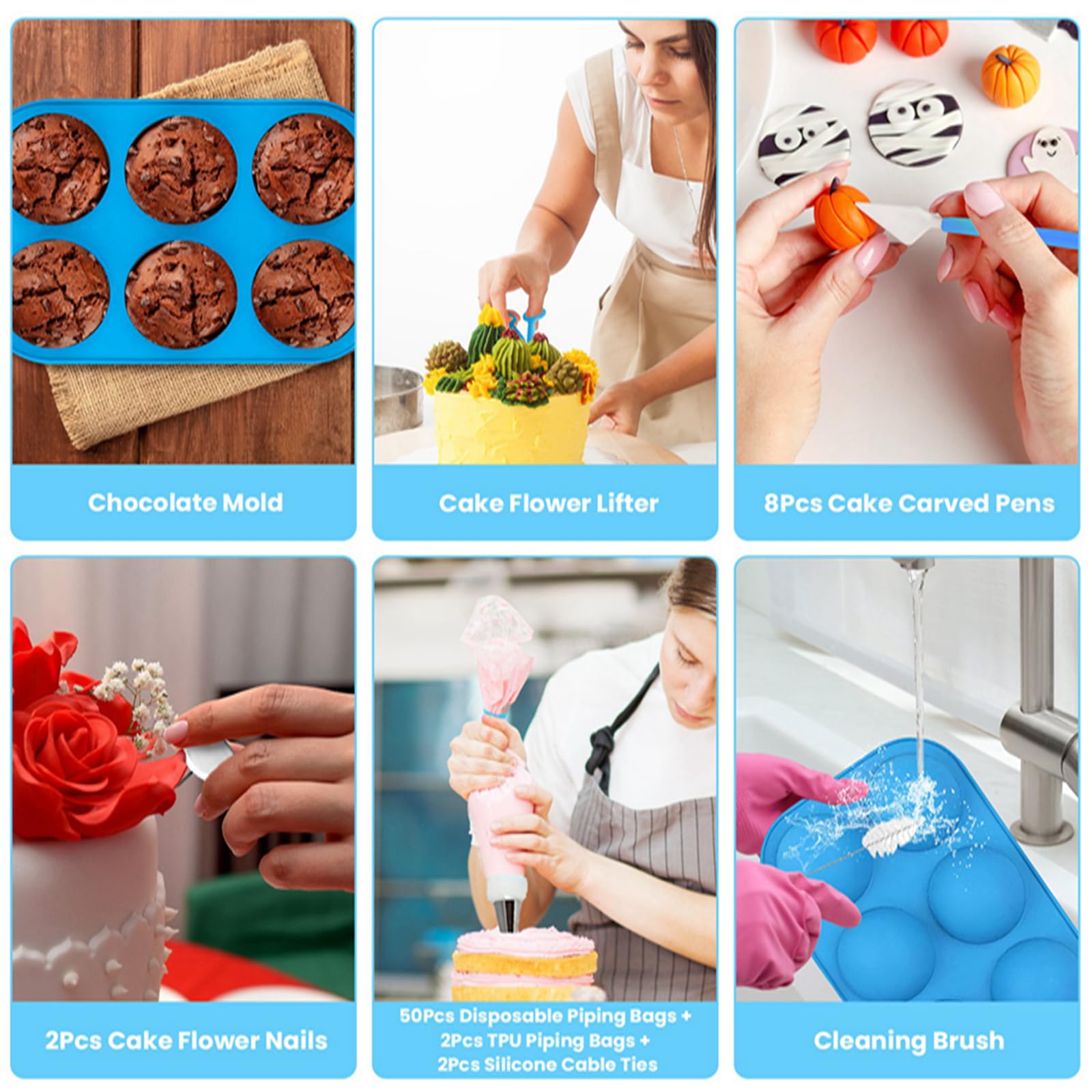 KOCASO 236-teiliges Kuchendekorationsset, Backzubehör, Kuchendekorationszubehör mit Spritztüllen, Kupplungen und Taschen, Ausstechformen und mehr, Backzubehör, Backförmchen, Schaber