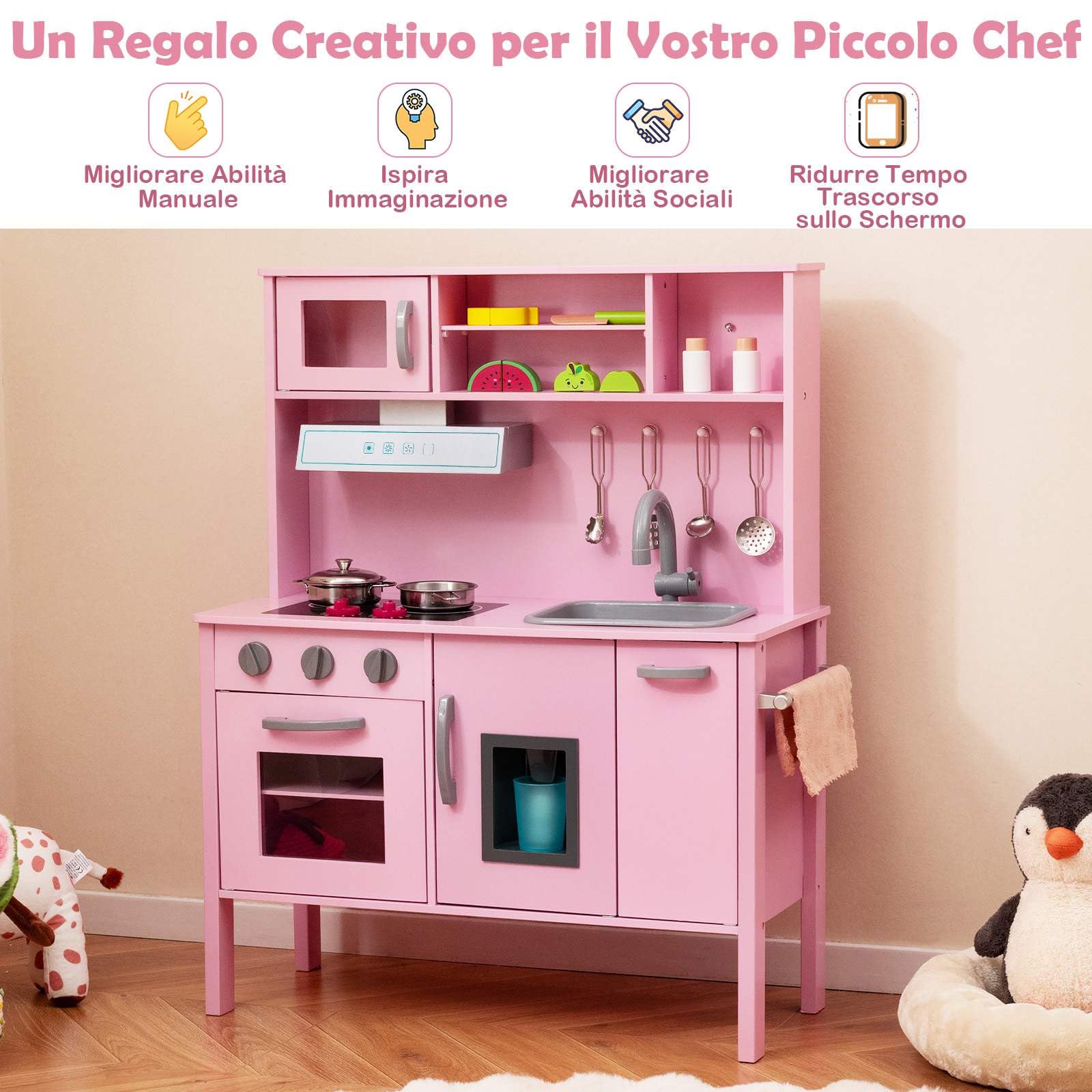 RELAX4LIFE Cucina Giocattolo per Bambini, Gioco Cucina in Legno con Microonde, Forno, Rubinetto, Lavello e 18 PCS Accessori, Mini Cucina per Bambini 3 4 5 6 Anni (Rosa)