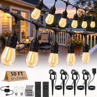 50FT Outdoor String Lights with 4 Spotlights, 32+2 S14 Bulbs 1.5FT Spacing