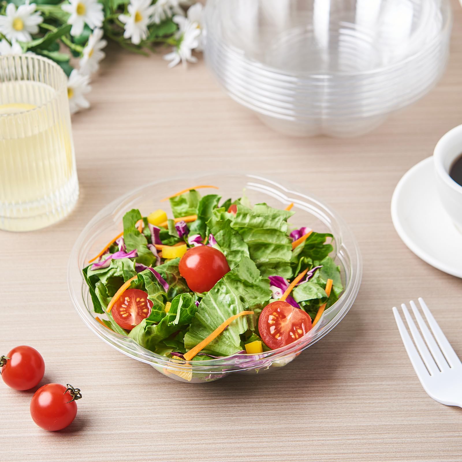 FULING [50 juegos de cuencos de plástico transparente de 18 onzas con tapas herméticas desechables para llevar, recipientes para mezclar para frutas, quinua, almuerzo y preparación de comidas.»