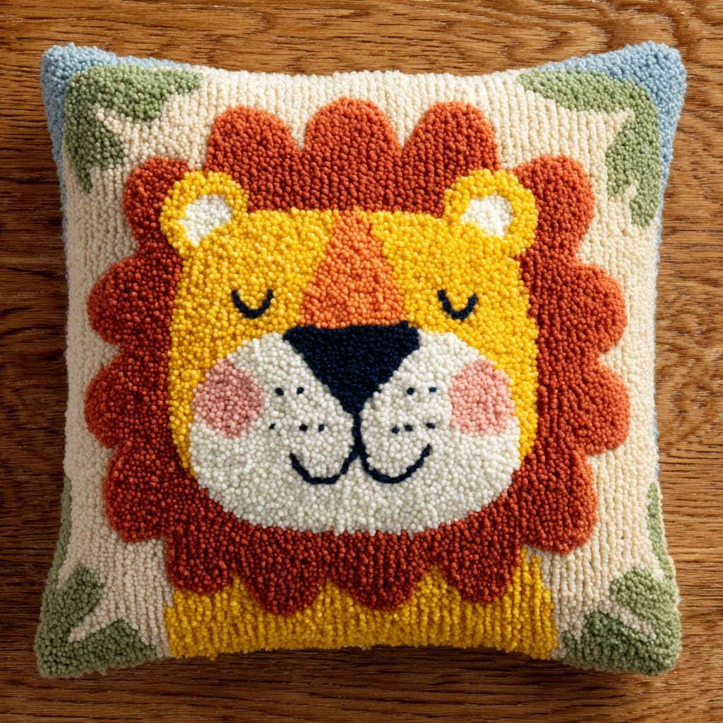 Taxpy DIY Latch Hook Pillow Kits, Animal Lion Pillow Cover with Preprinted Throw Pillowcase Crochet Yarns Embroidery Latch Hooking Cushion 17x17inch