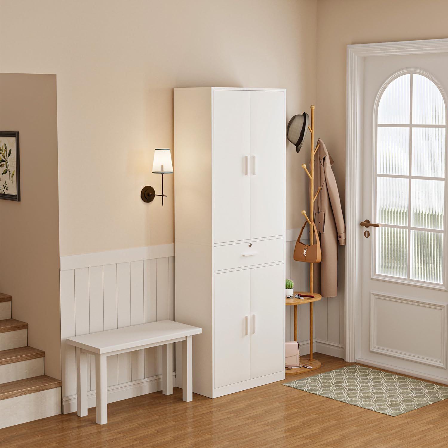 Mehrzweckschrank Büroschrank, Aktenschrank mit Schublade, Weiß | Schrank mit Schublade Türen，Kleiderschrank Küchenschrank Hochschrank，60x180x34 cm (BxHxT)