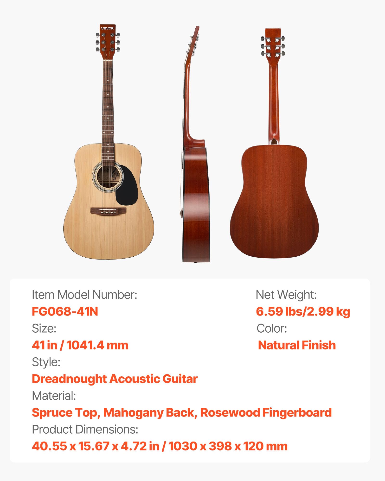VEVOR Guitare Acoustique Dreadnought 6 Cordes, 103 cm, Table Épicéa Massif, Fond en Acajou, Touche en Palissandre, avec Housse, Accordeur, Sangle, Médiator, Capodastre, pour Adultes, Couleur Naturel