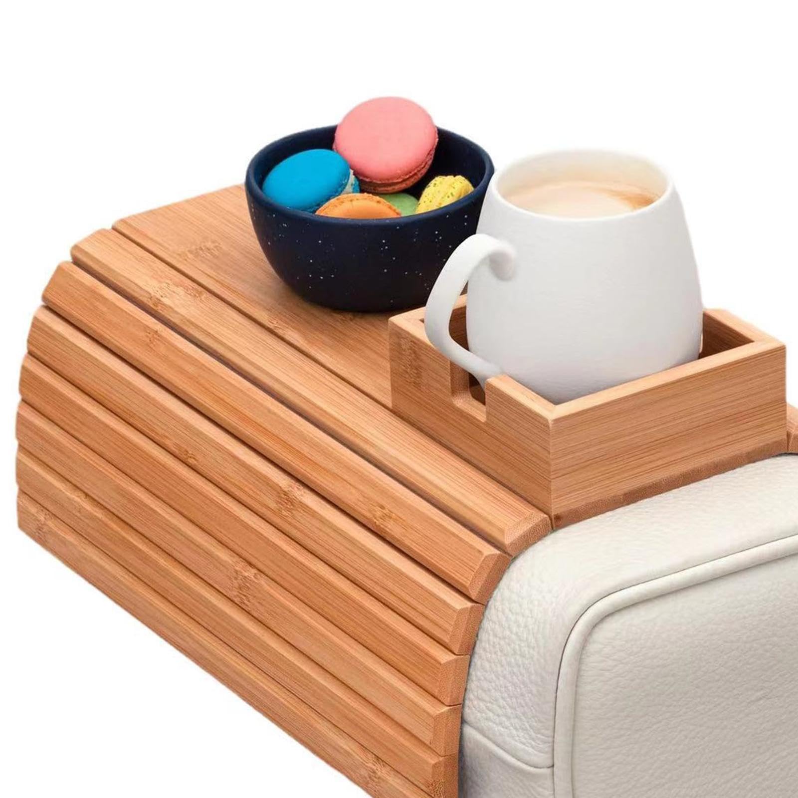 Soporte para tazas de bambú para sofá, bandeja para reposabrazos de sofá para teléfono móvil remoto